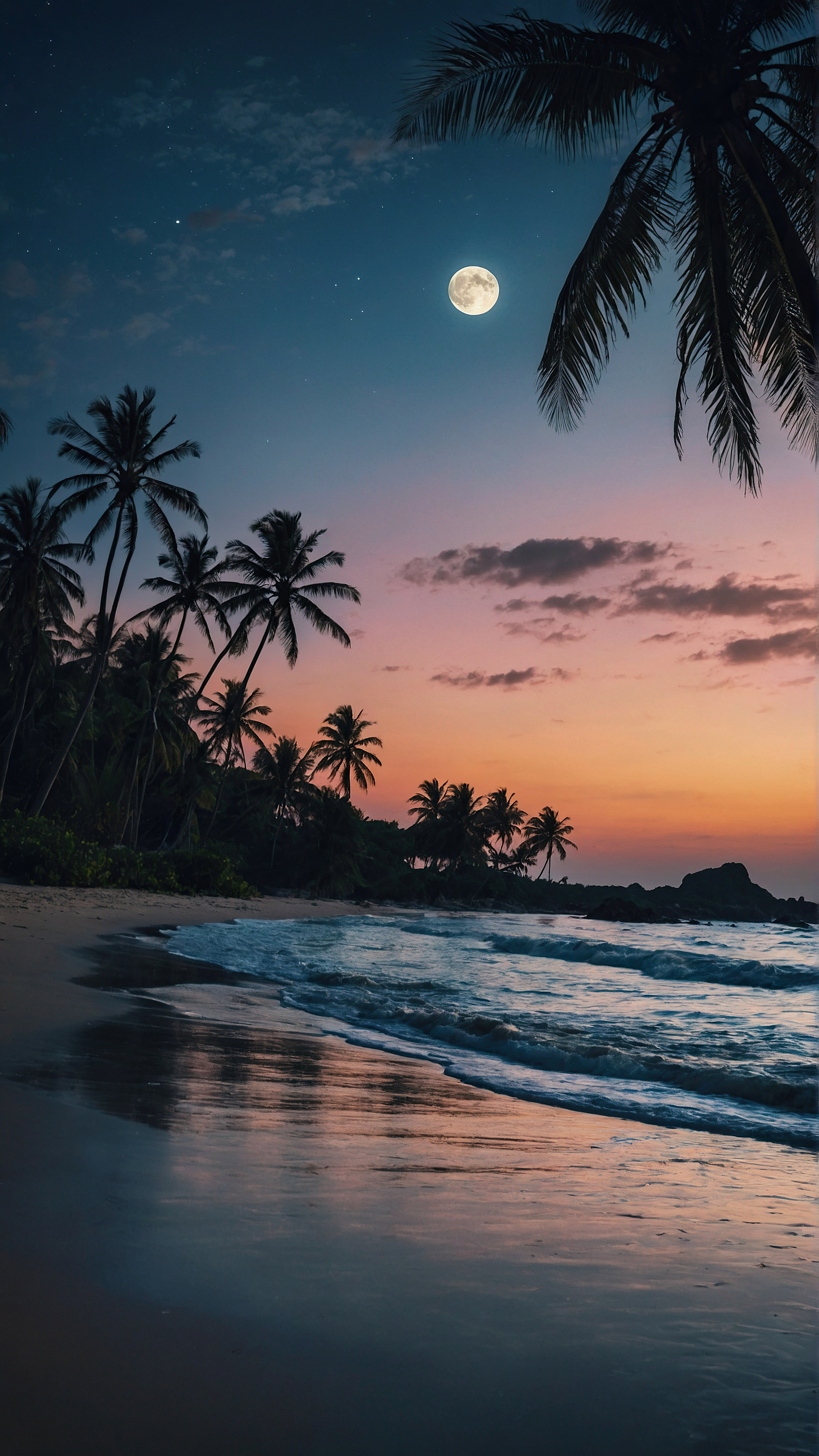 Discover the tropical charm of our iPhone wallpaper in 4K, where a large moon illuminates a mesmerizing beach scene at dusk, reflecting off the gently lapping waves and enhancing the silhouettes of palm trees in this serene landscape.