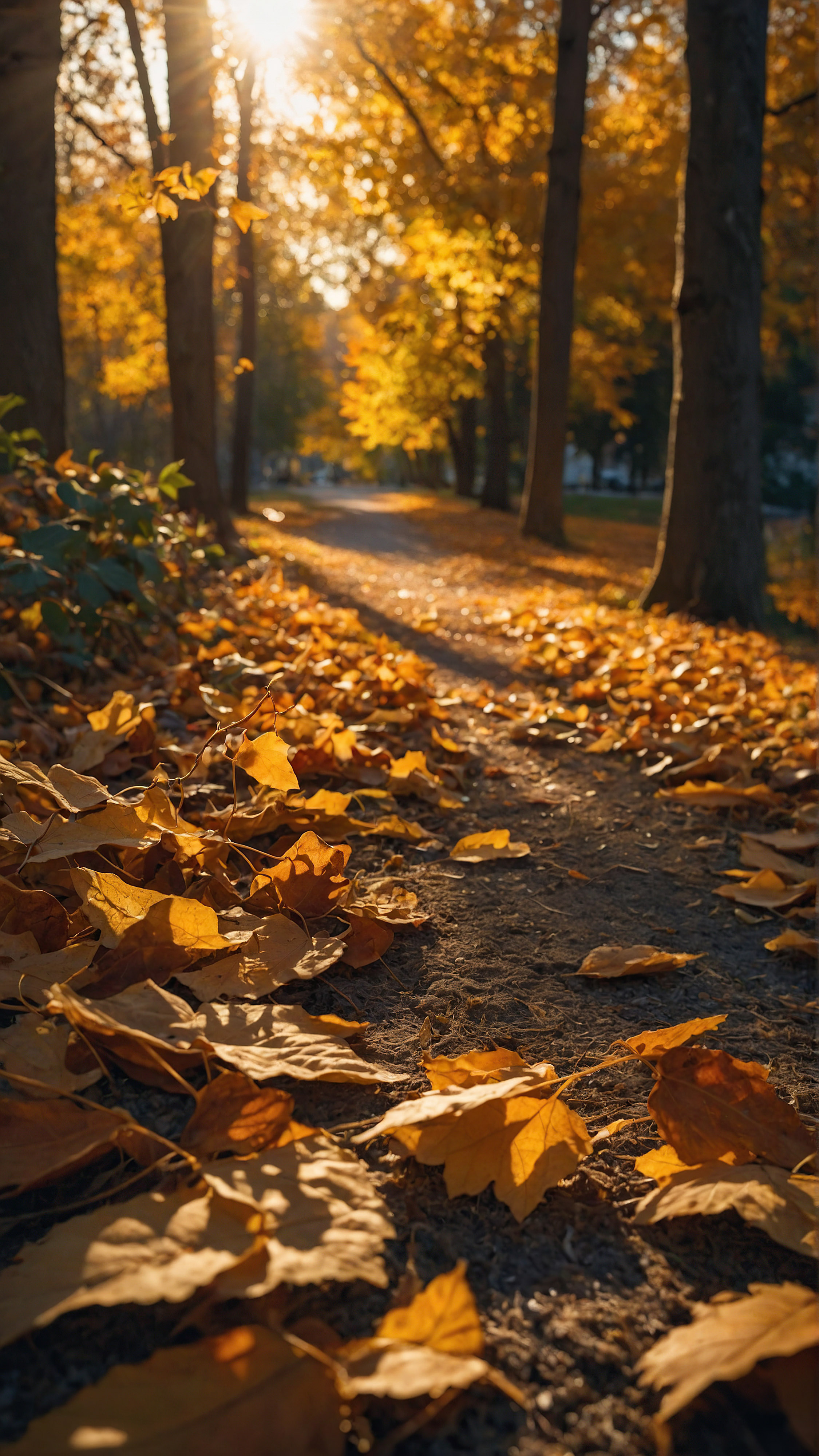 Enjoy the beauty and style of our best 4K iPhone wallpaper, unfolding a serene, picturesque autumn scene with warm golden hues of fallen leaves, sunlight filtering through the leaves casting a soft glow, enhancing the season’s rich colors.