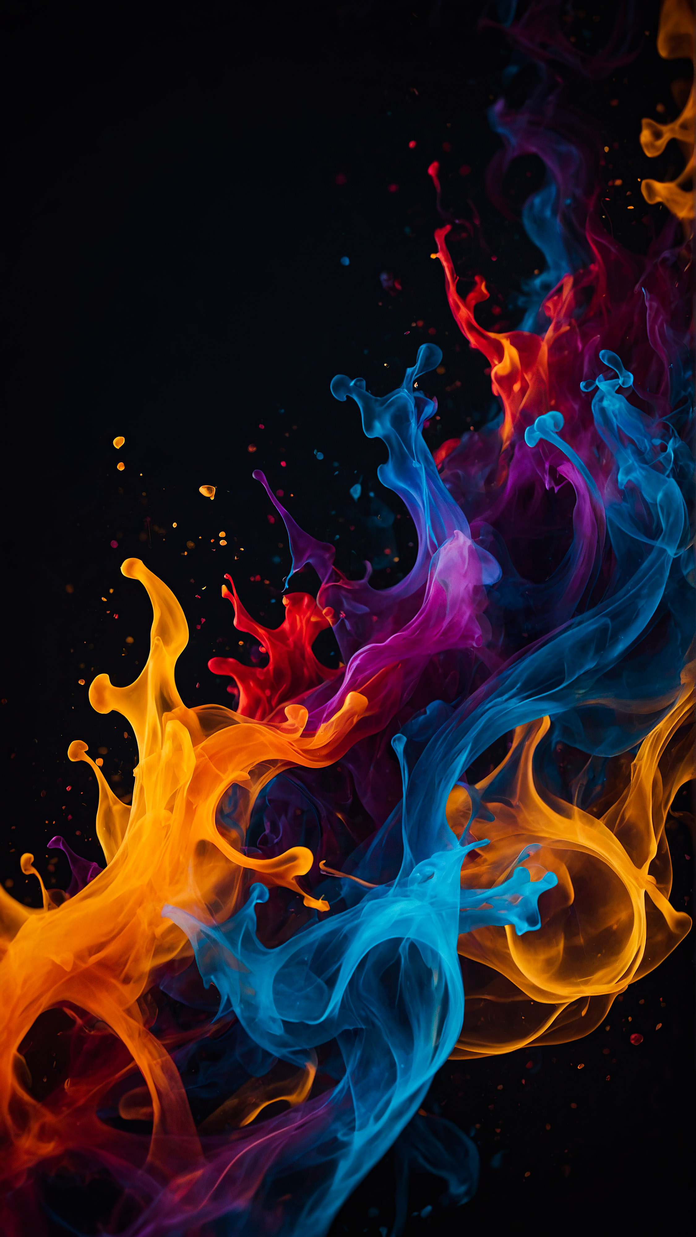 Ressentez le mouvement et l'énergie avec notre fond d'écran iPhone noir en 4K gratuit, présentant des formes abstraites entrelacées qui ressemblent à des flammes colorées sur un fond sombre.
