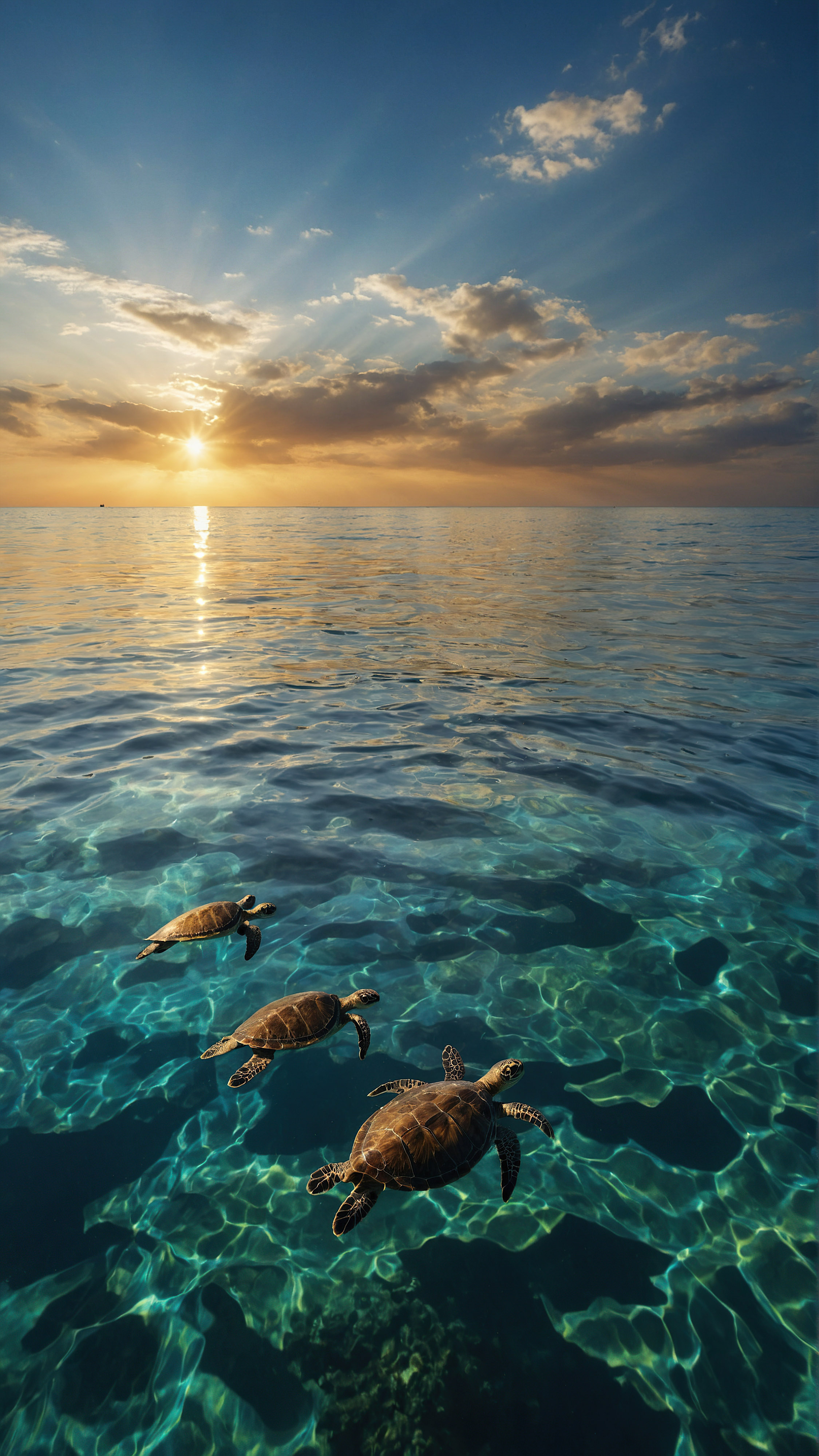 Laissez-vous hypnotiser par notre fond d'écran iPhone 4K à télécharger, présentant une scène où le monde sous-marin rencontre le ciel au coucher du soleil, avec des tortues nageant gracieusement près du lit de la mer, illuminées par des rayons de lumière pénétrant l'eau bleu-vert claire. 