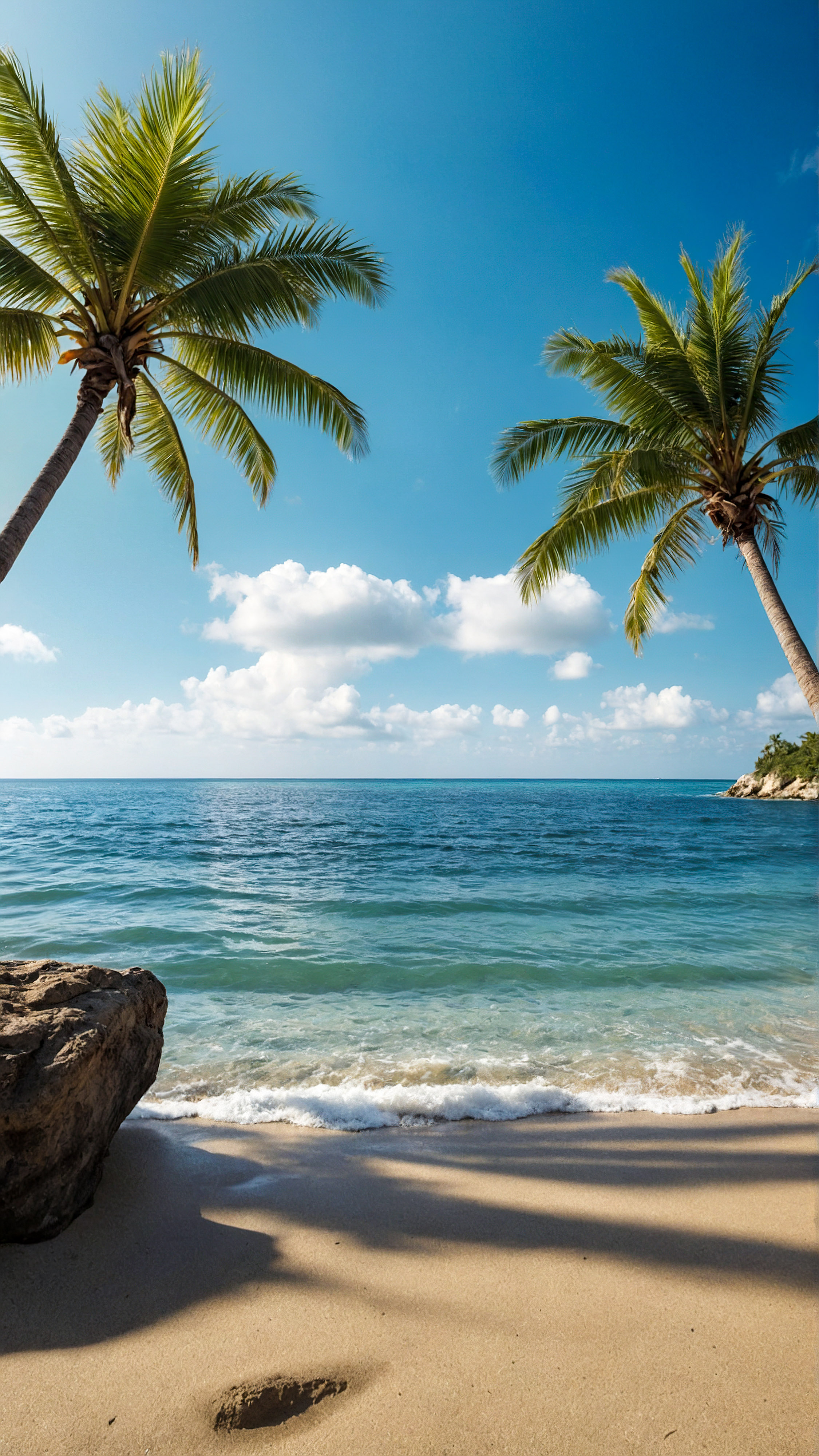 Vivez la tranquillité de notre fond d'écran de plage pour iPhone en 4K, présentant une scène de plage sereine et pittoresque avec un ciel clair, des eaux calmes et des palmiers.