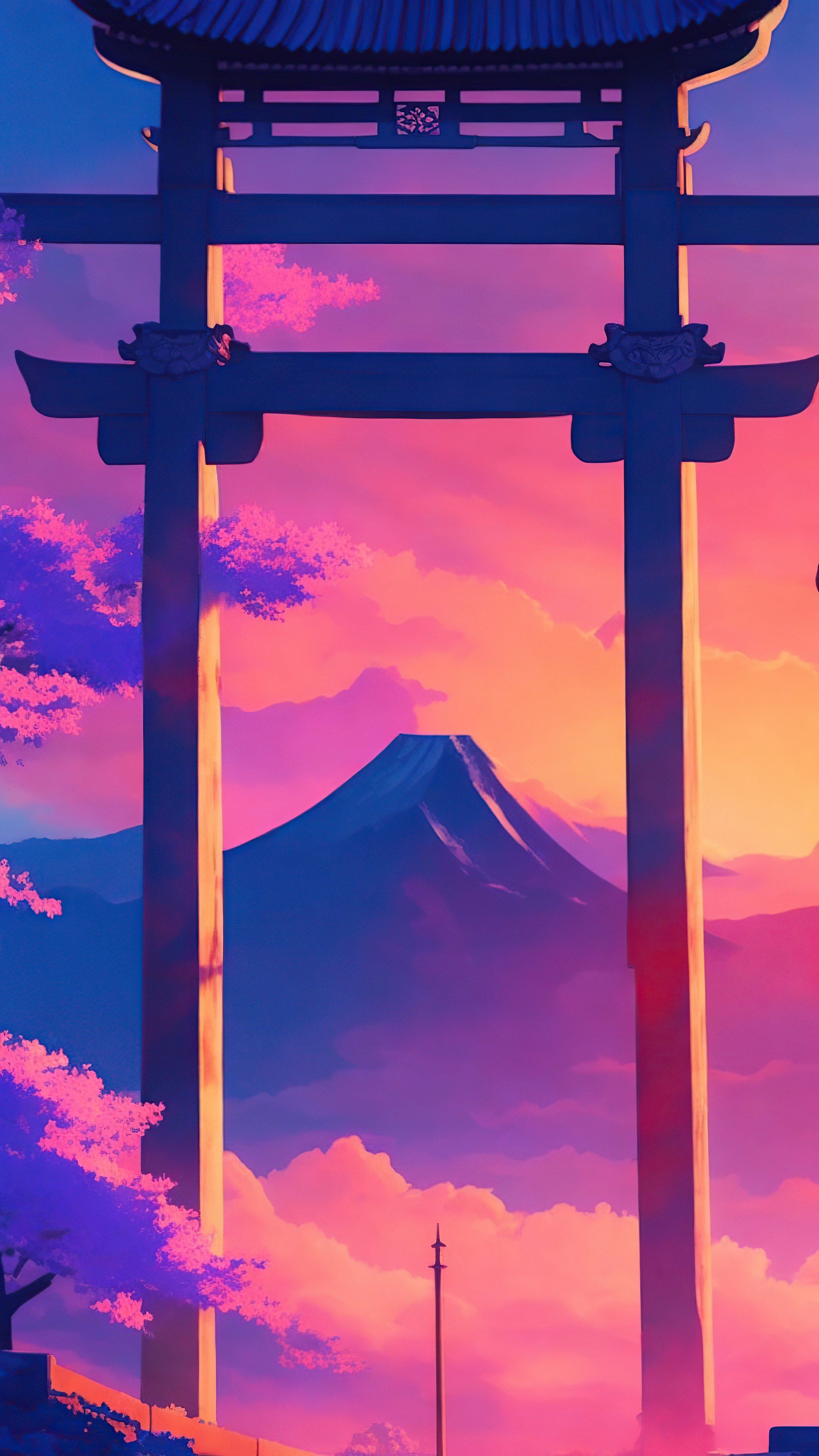Adorn your lock screen with our iPhone lock screen wallpaper in 4K, unfolding a serene and mystical landscape with a traditional Asian-style building and a Torii gate silhouetted against the sky’s vibrant hues, while the sun’s warm glow softly illuminates the clouds and mountains in the background.