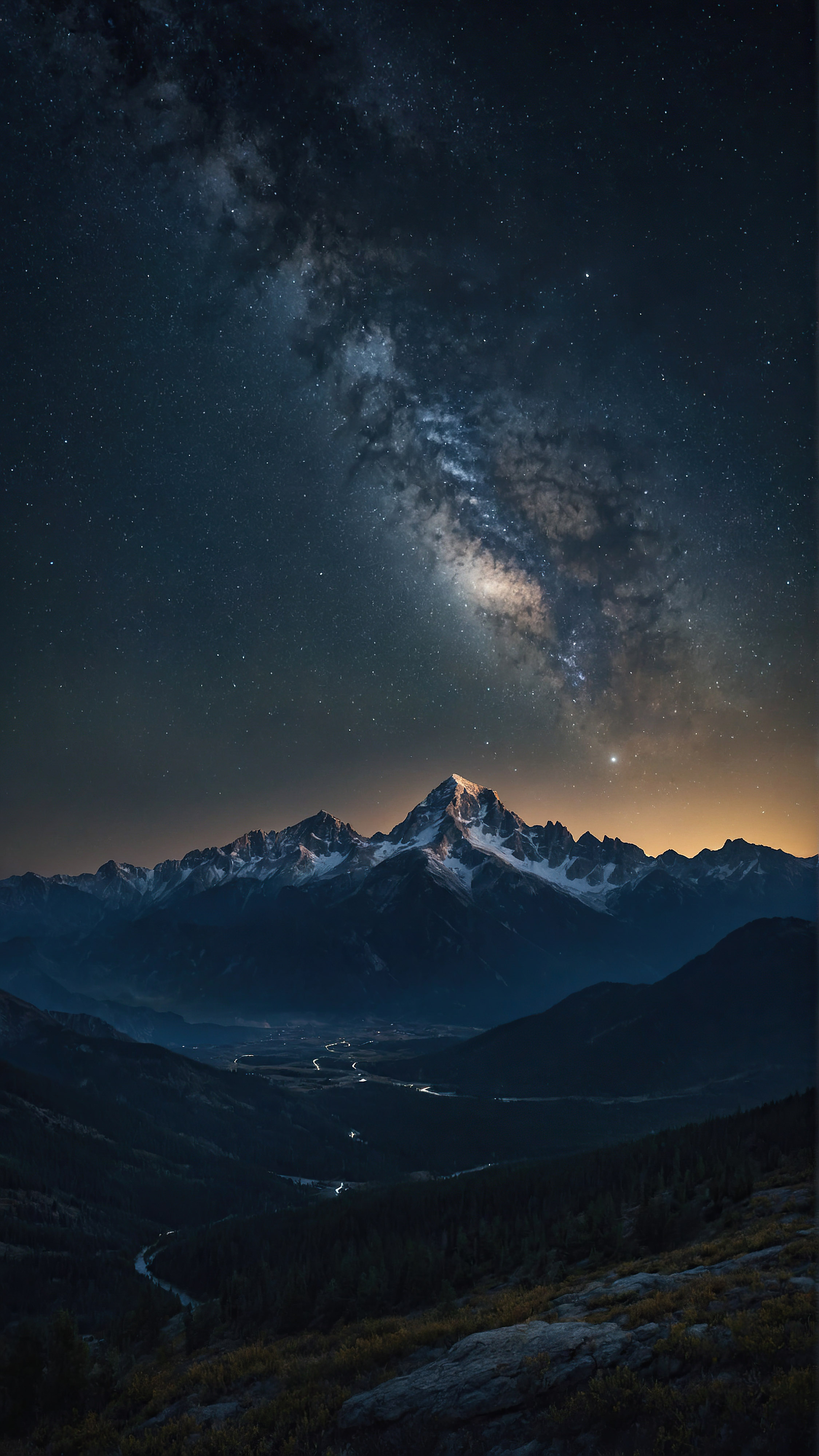 Téléchargez gratuitement ce fond d'écran iPhone en 4K, capturant une scène nocturne à couper le souffle d'une chaîne de montagnes accidentée sous un ciel étoilé, avec d'innombrables étoiles ajoutant à l'atmosphère sereine et majestueuse du paysage.