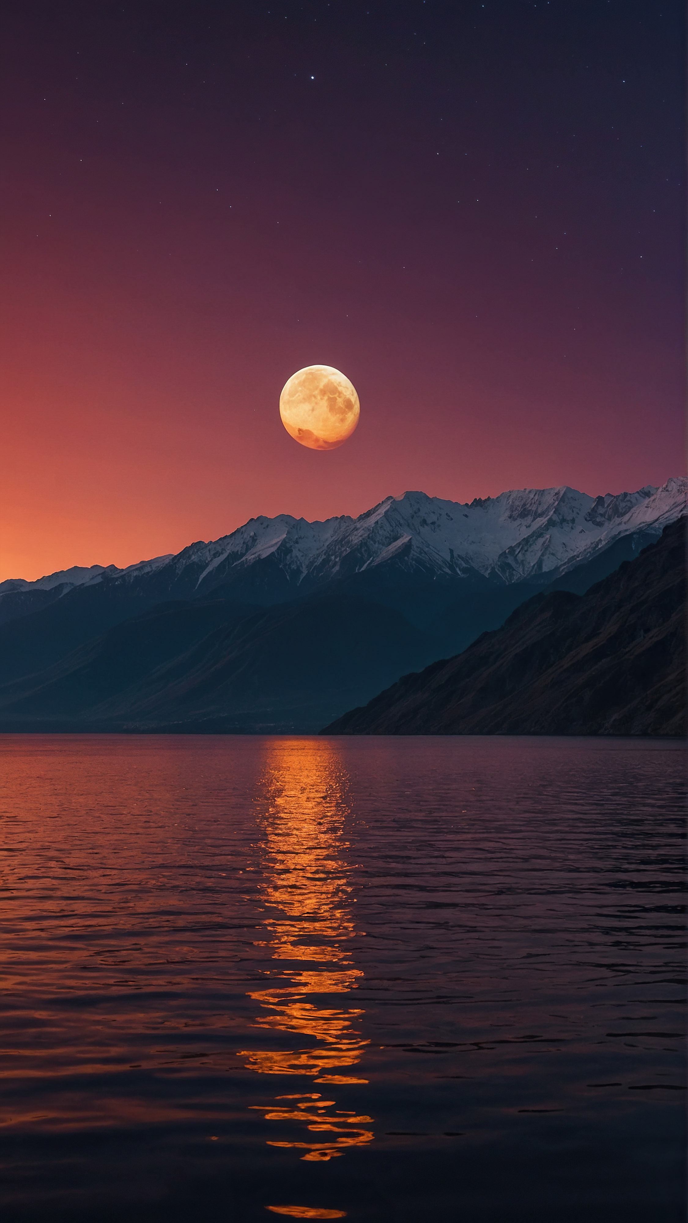 Découvrez la sérénité de notre fond d'écran nature iPhone 4K, dévoilant un paysage serein et surnaturel au crépuscule avec un ciel rempli de teintes vibrantes de rouge, orange et violet, une lune, et des montagnes en silhouette se reflétant sur une étendue d'eau calme en dessous.