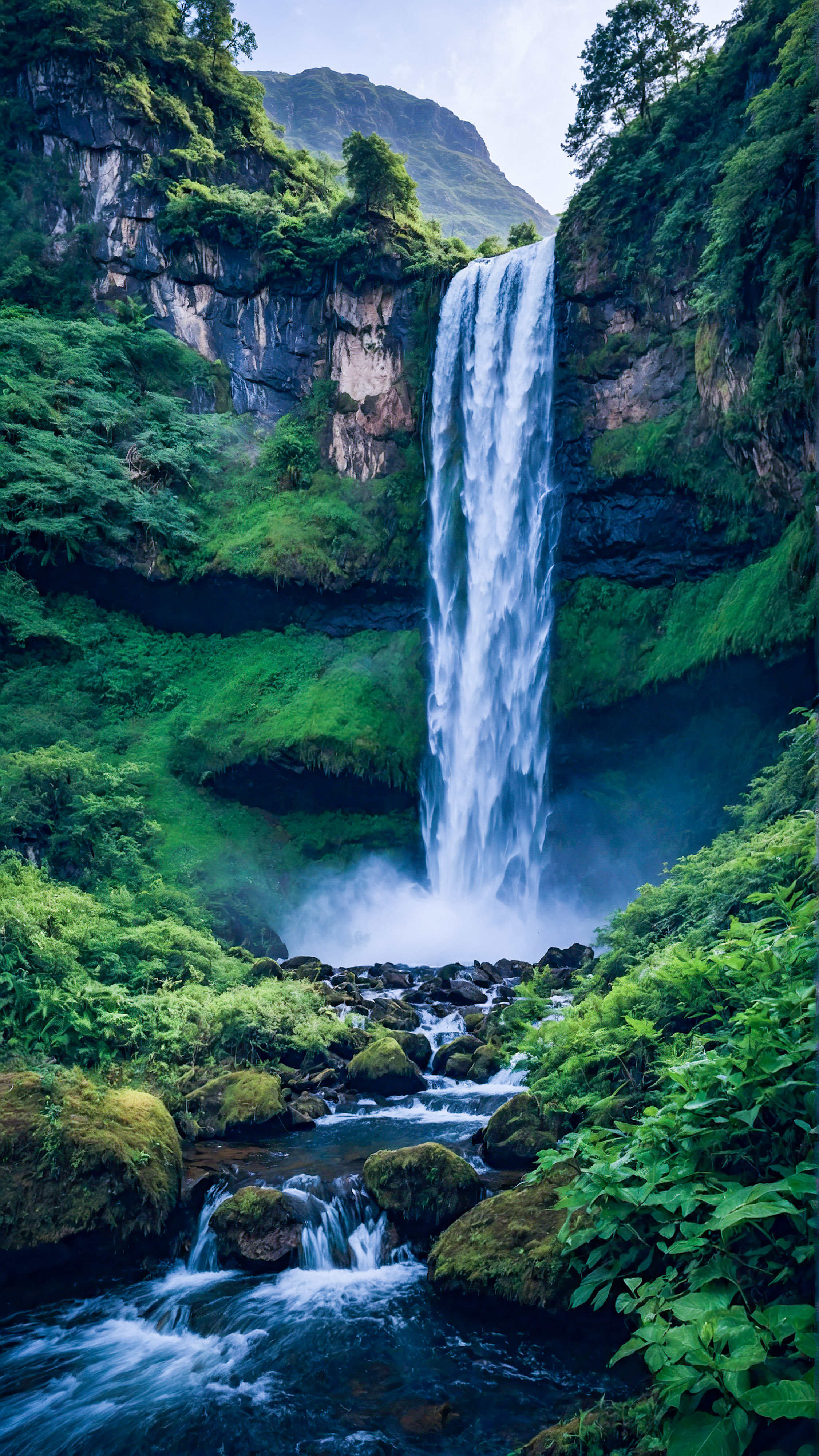 Découvrez la majesté de la nature avec notre meilleur beau fond d'écran pour iPhone, représentant une cascade majestueuse dévalant une montagne, entourée de verdure luxuriante.