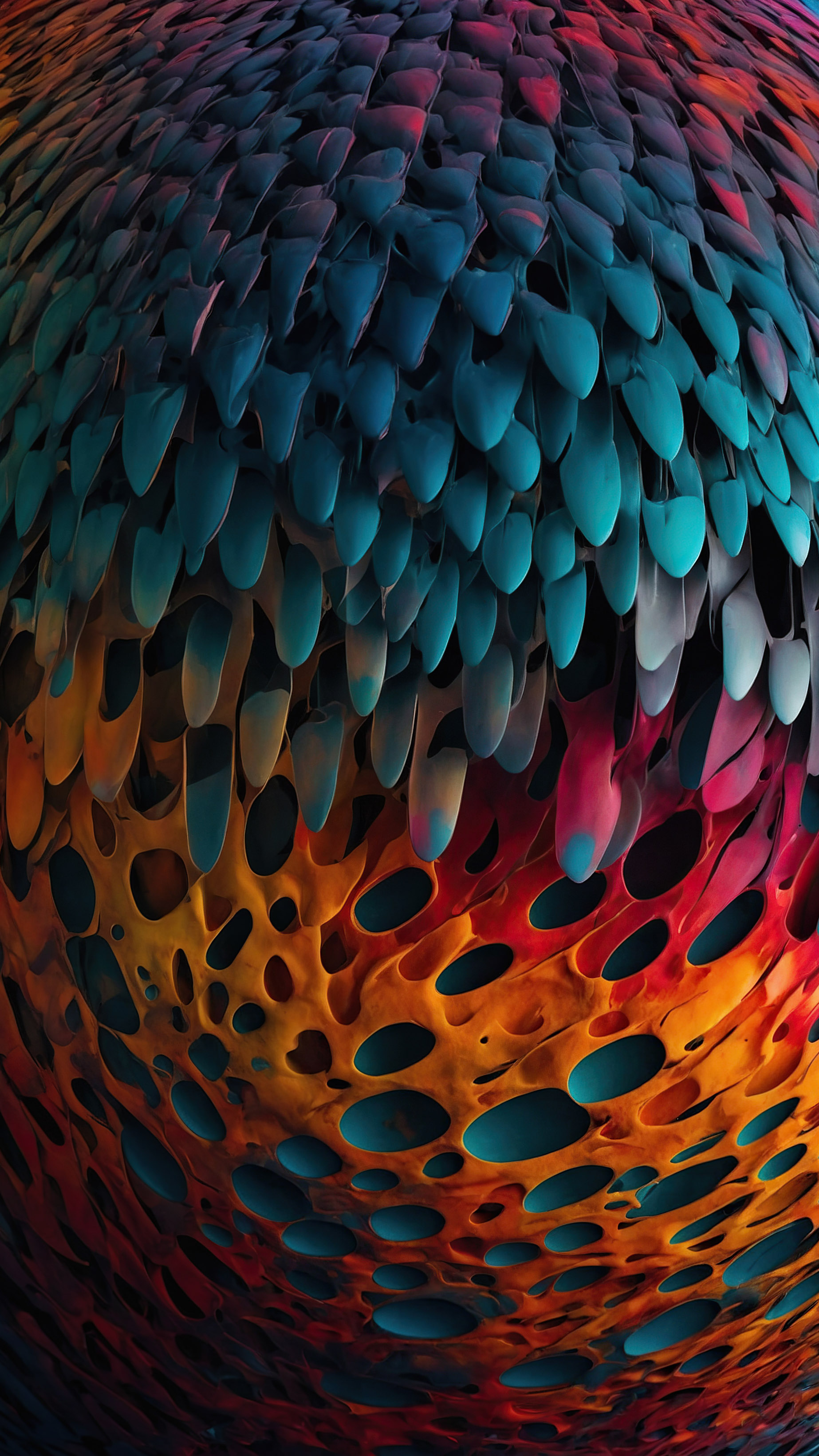 Experience the allure of our best iOS backgrounds, featuring a vibrant, multicolored sphere with an abstract, fluid-like pattern, set against a dark background, creating a visually striking and otherworldly effect.