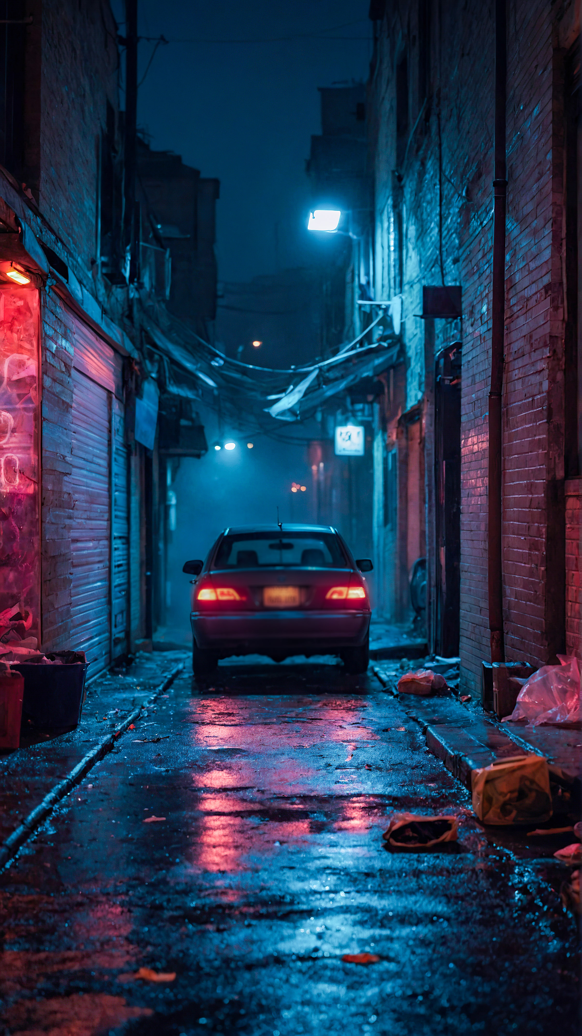 Capture the essence of the night with our best iOS wallpaper, a dimly lit, foggy alley at night, illuminated by neon signs, with a car parked amidst scattered trash.