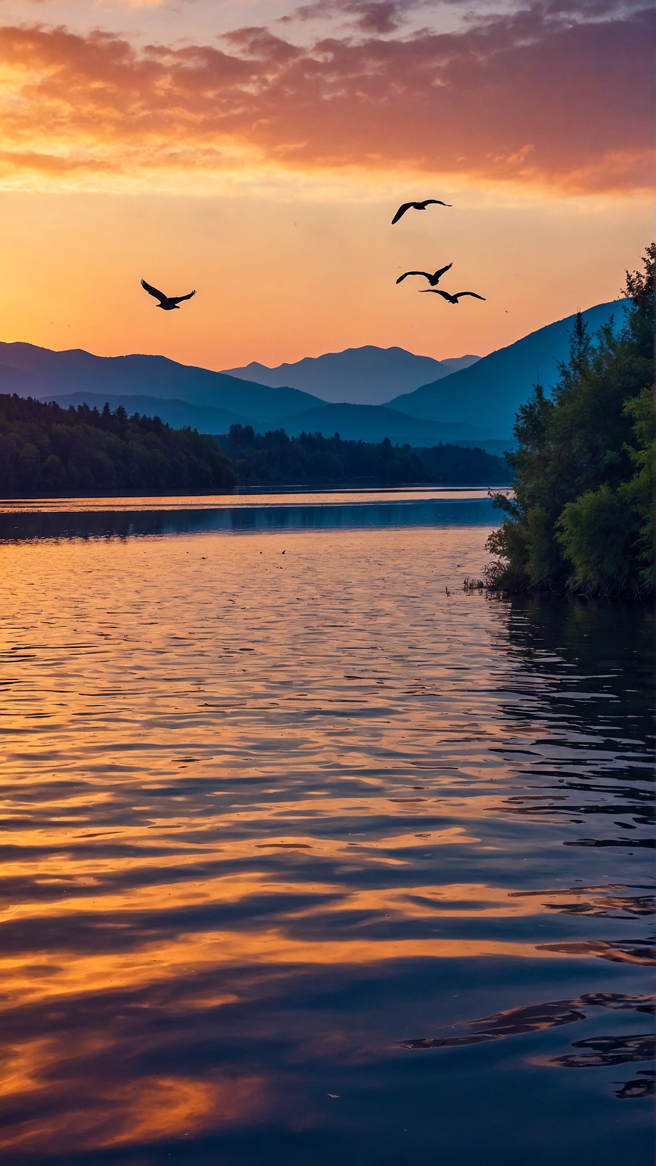 Goûtez à la sérénité avec nos meilleurs fonds d'écran pour iPhone, dépeignant une scène de coucher de soleil tranquille et pittoresque avec des arbres en silhouette, un lac calme, des montagnes lointaines, et un ciel vibrant rempli d'oiseaux volants.