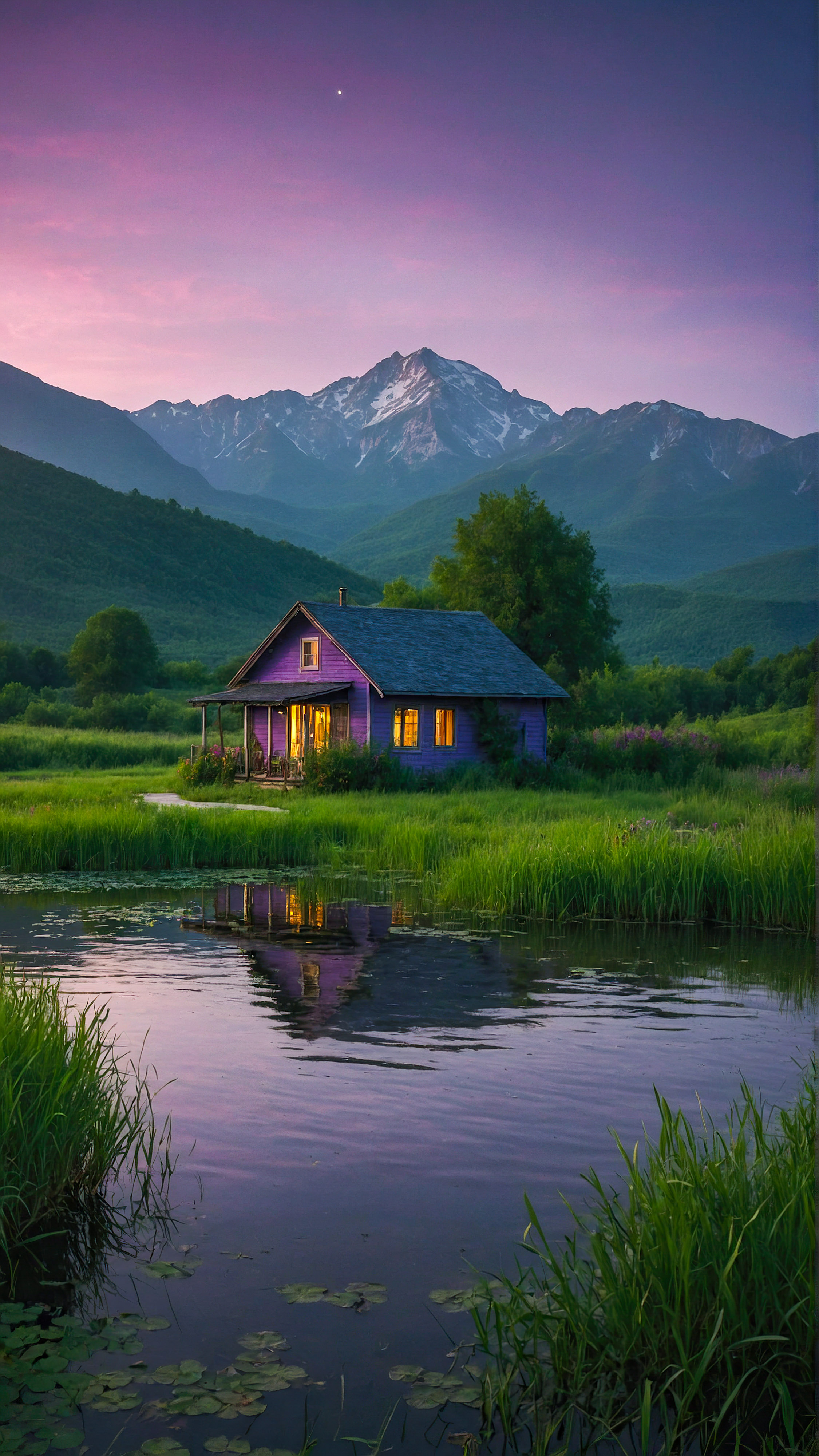 Transformez l'apparence de votre appareil avec le meilleur fond d'écran pour l'écran d'accueil de l'iPhone, un paysage de soirée serein et mystique, avec une petite maison près d'un étang, entourée de verdure luxuriante et de montagnes imposantes sous un ciel violet.