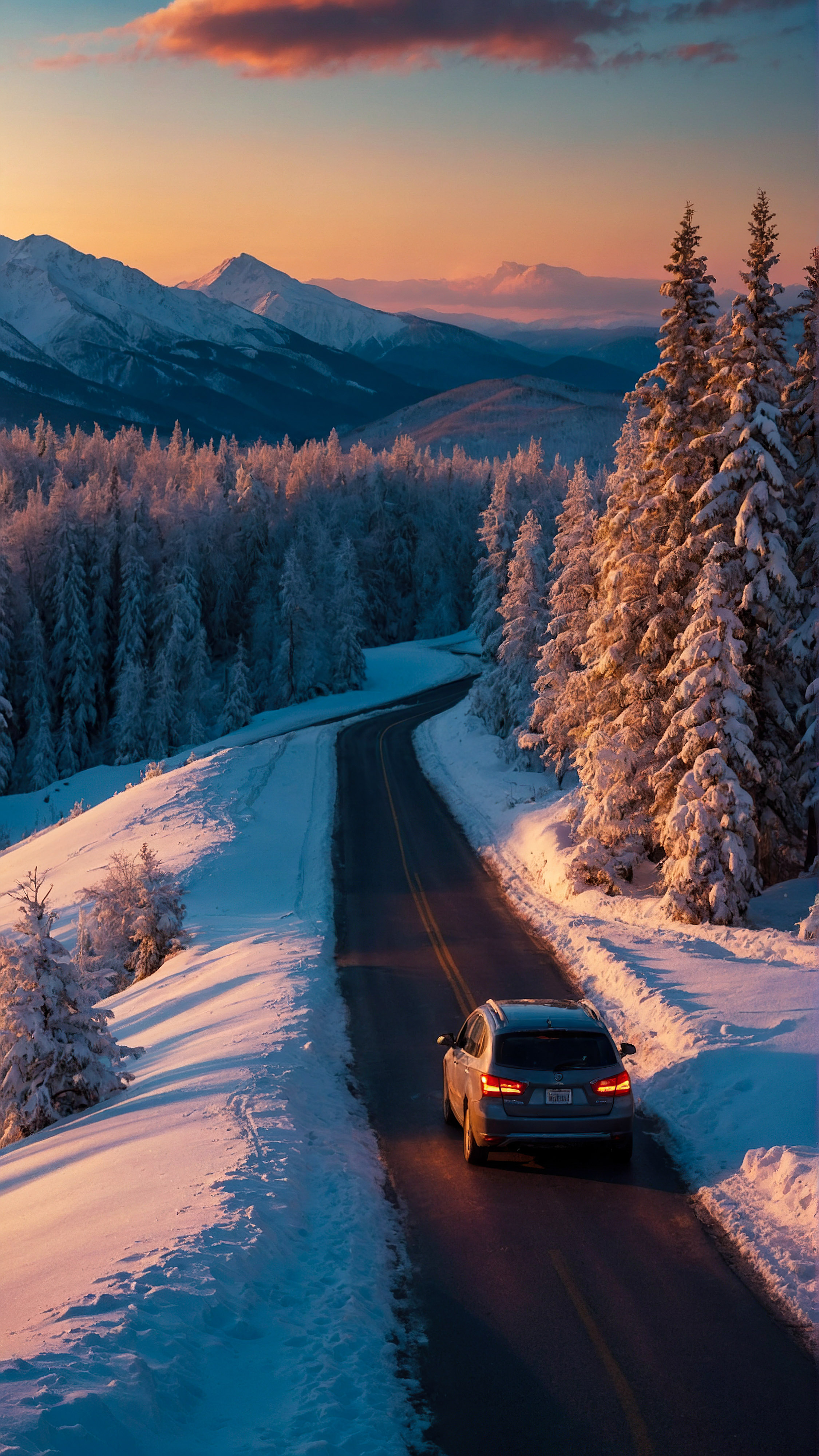 Téléchargez ce beau fond d'écran esthétique cool pour iPhone, un paysage d'hiver vibrant au crépuscule, présentant une route sinueuse avec une voiture en déplacement, entourée d'arbres et de montagnes couverts de neige sous la lueur du soleil couchant.