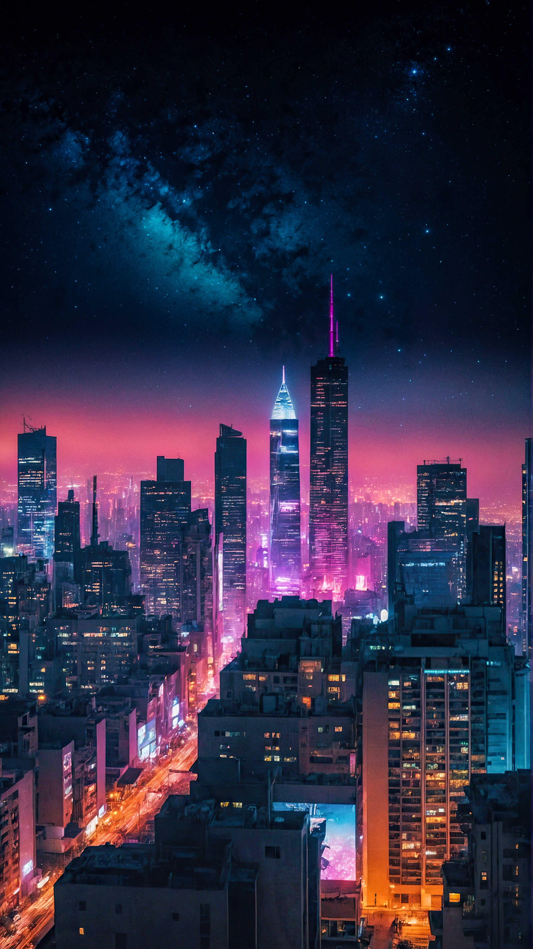 Transformez l'apparence de votre appareil avec nos beaux fonds d'écran pour l'écran d'accueil de l'iPhone, présentant un paysage urbain futuriste illuminé par des lumières néon sous un ciel étoilé.