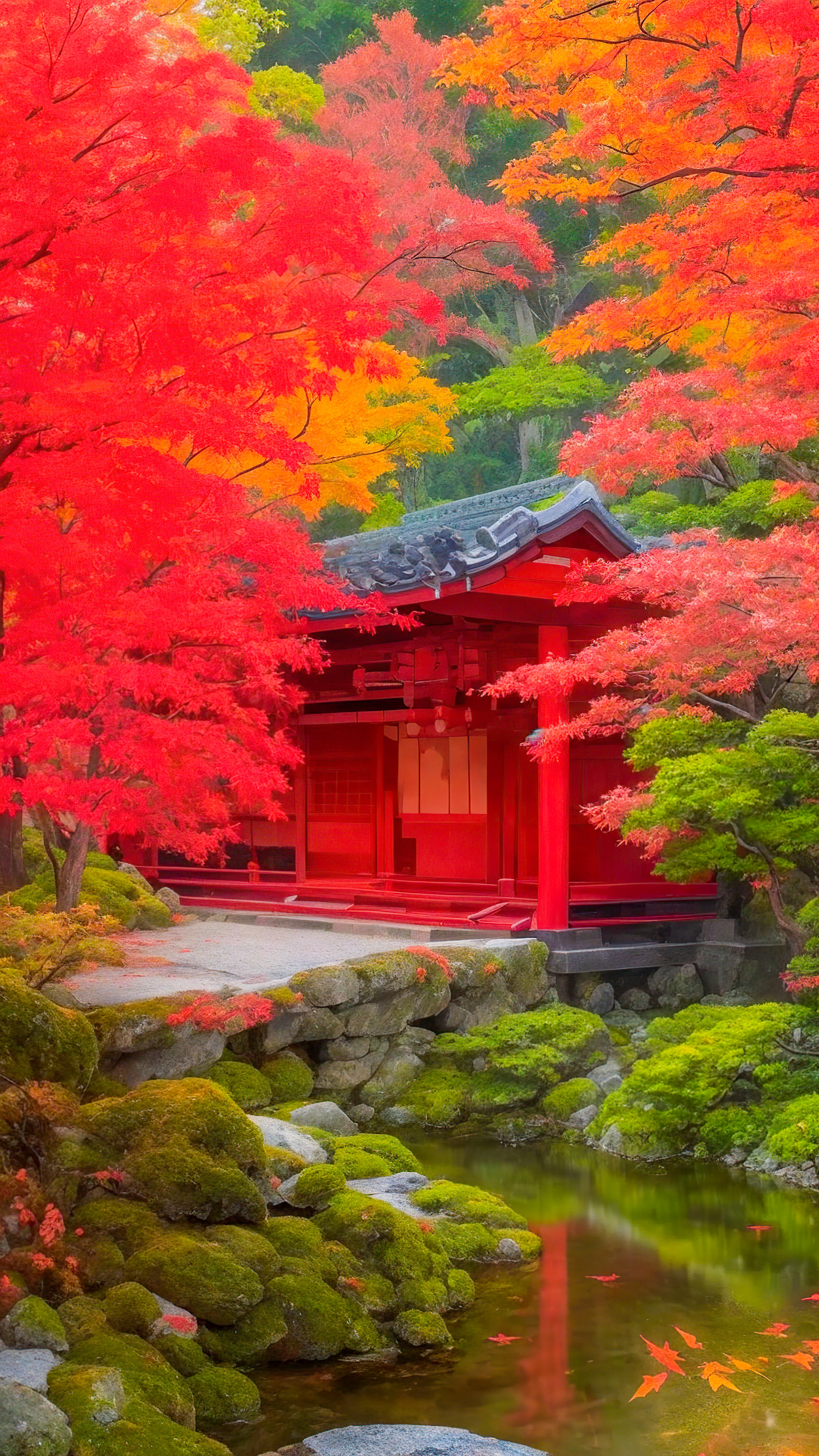 Ornez votre écran de verrouillage avec notre arrière-plan cool pour l'écran de verrouillage de l'iPhone, présentant un jardin japonais tranquille en automne, avec des feuilles d'érable rouges vibrantes contre une architecture traditionnelle. 
