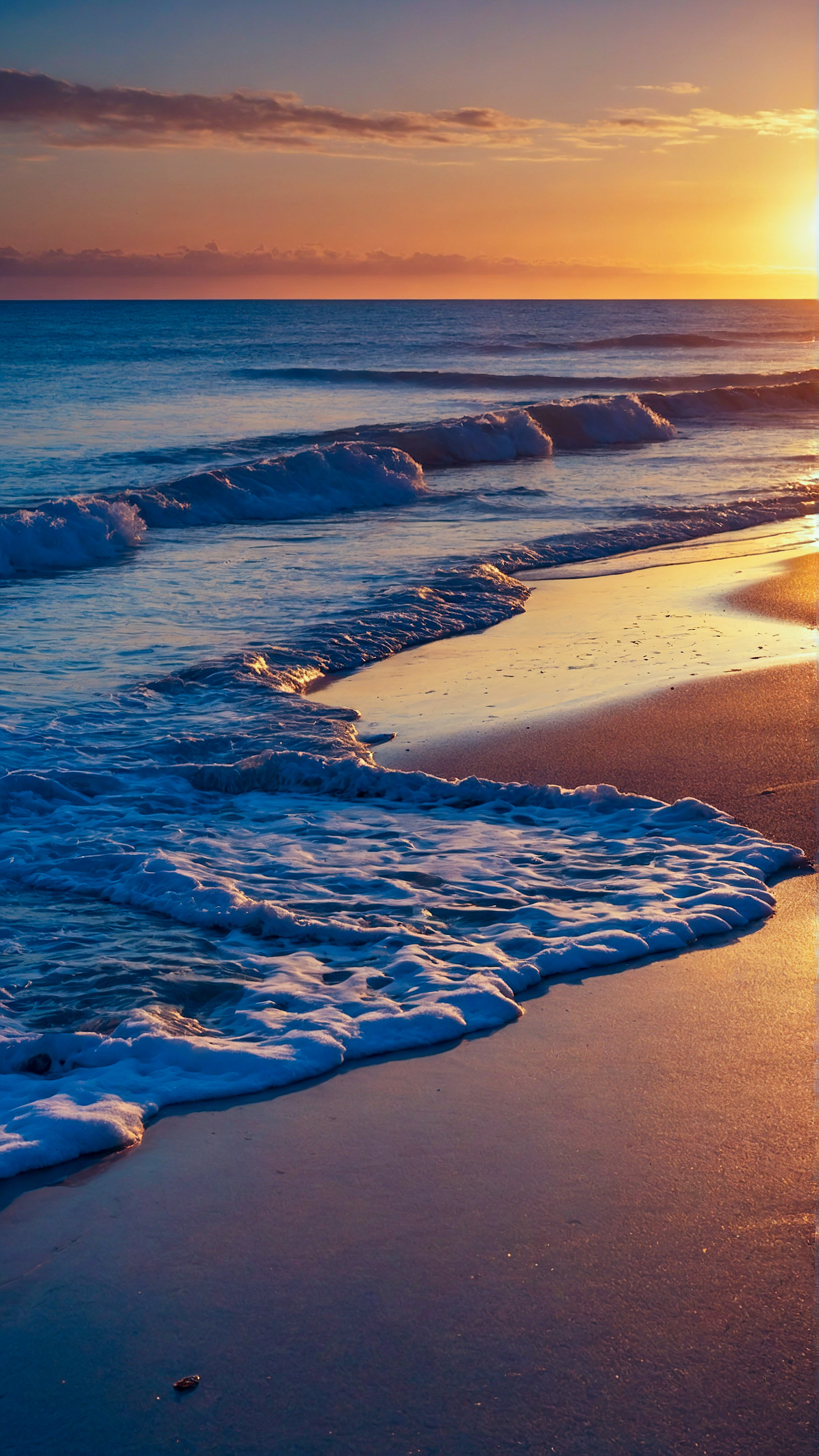Perdez-vous dans la magie de nos images style pour fond d'écran iPhone, dépeignant une plage sereine au coucher du soleil, avec le soleil doré qui plonge sous l'horizon.