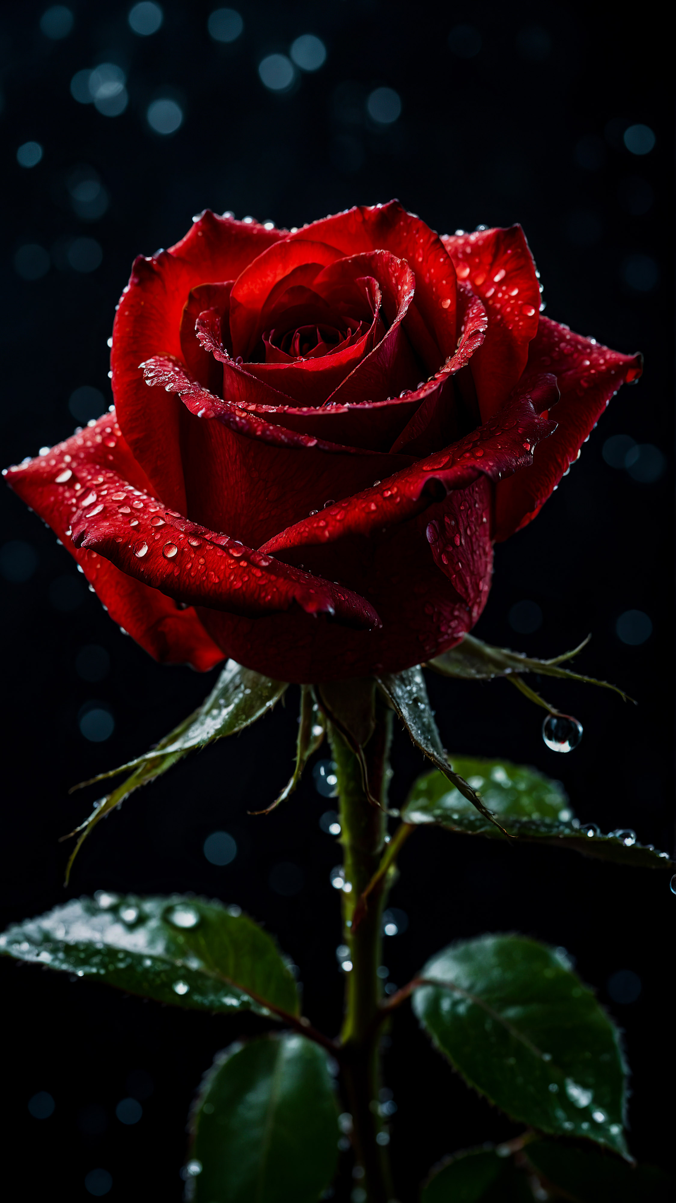 Admirez l'élégance de notre beau fond d'écran iPhone style, mettant en vedette une rose rouge radieuse avec des gouttes de rosée sur ses pétales, dans un cadre sombre et dramatique avec des lumières verticales filtrant en arrière-plan.