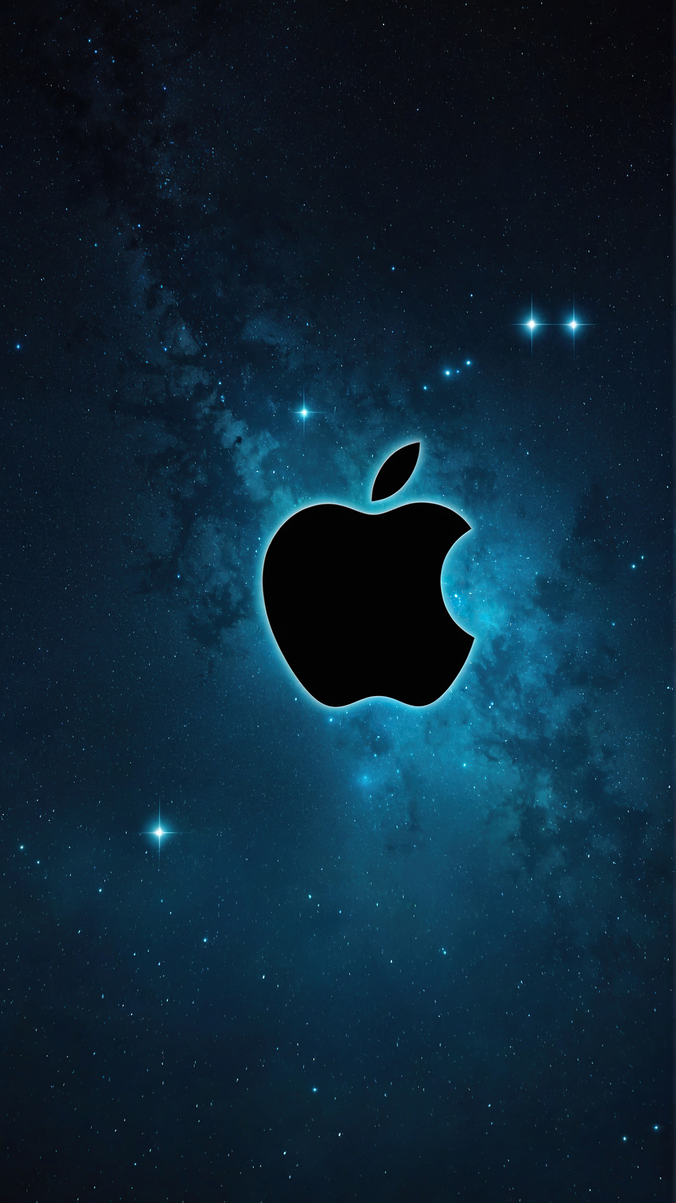Experience the speed and power of change with our iPhone best background, showcasing the sleek, black Apple logo, centrally positioned against a mesmerizing backdrop of blue and turquoise hues, resembling a starry night sky.