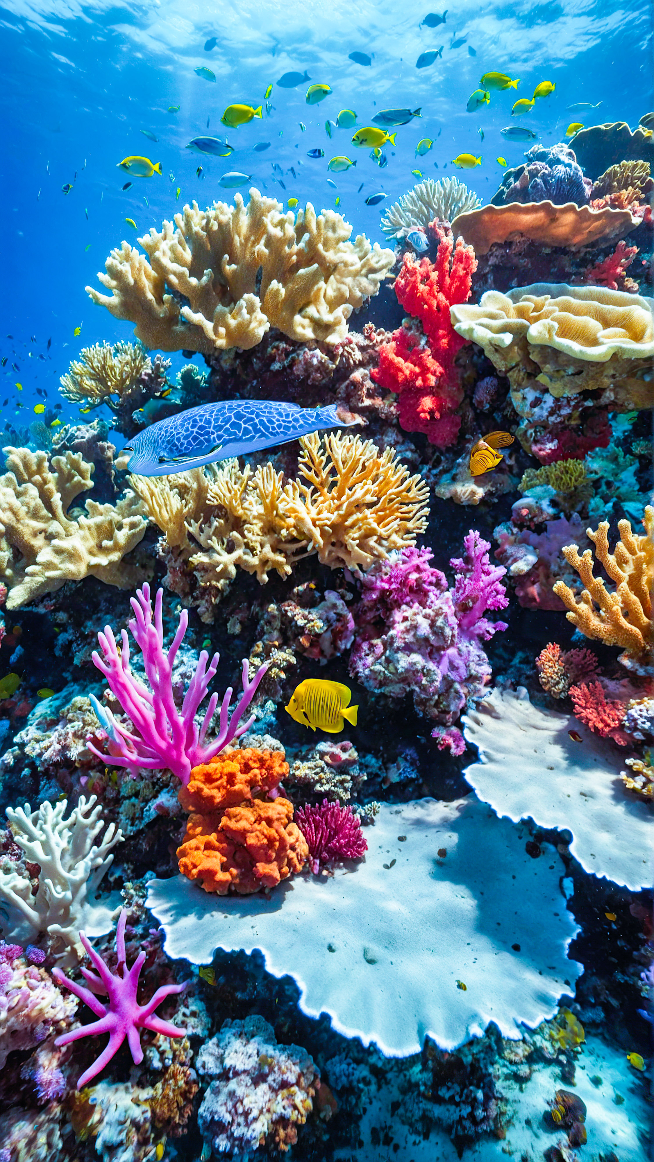 Laissez-vous hypnotiser par notre fond d'écran iPhone style, montrant un récif corallien vibrant grouillant de vie marine colorée.