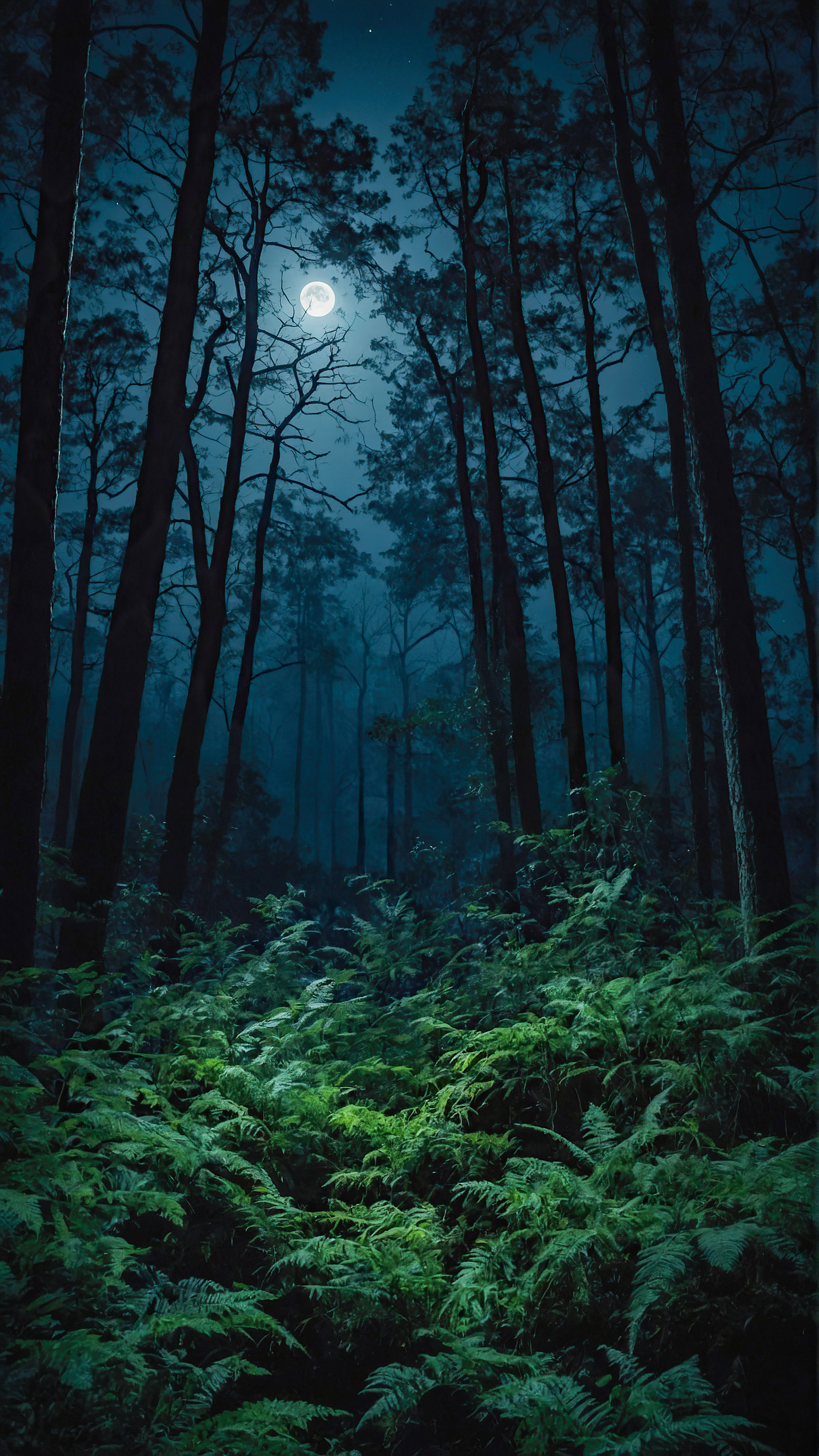 Laissez-vous hypnotiser par nos écrans de verrouillage style pour iPhone, présentant une forêt la nuit, avec la lumière de la lune filtrant à travers les arbres denses.