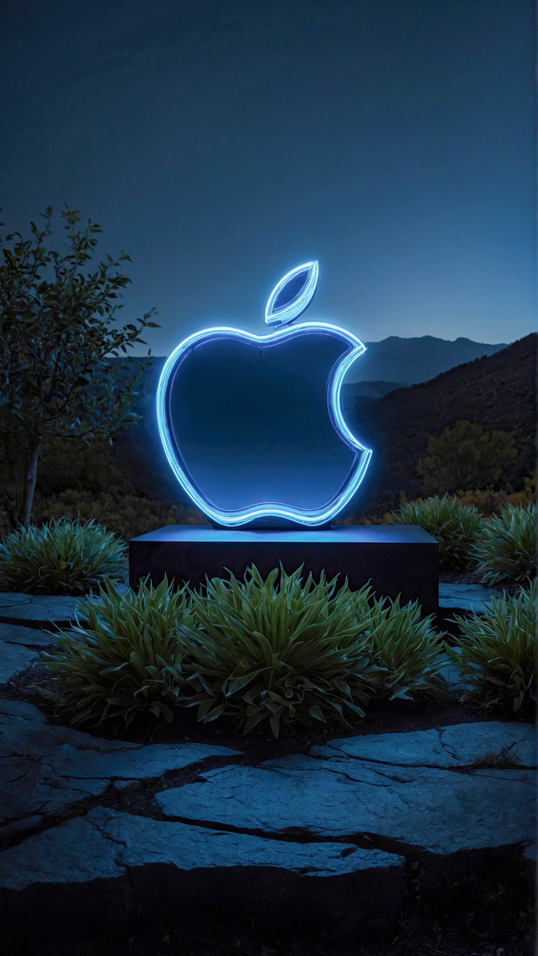 Adorn your iPhone with our HD wallpaper, highlighting the Apple logo illuminated with a neon blue outline, containing a serene landscape within it, set against a dark background.