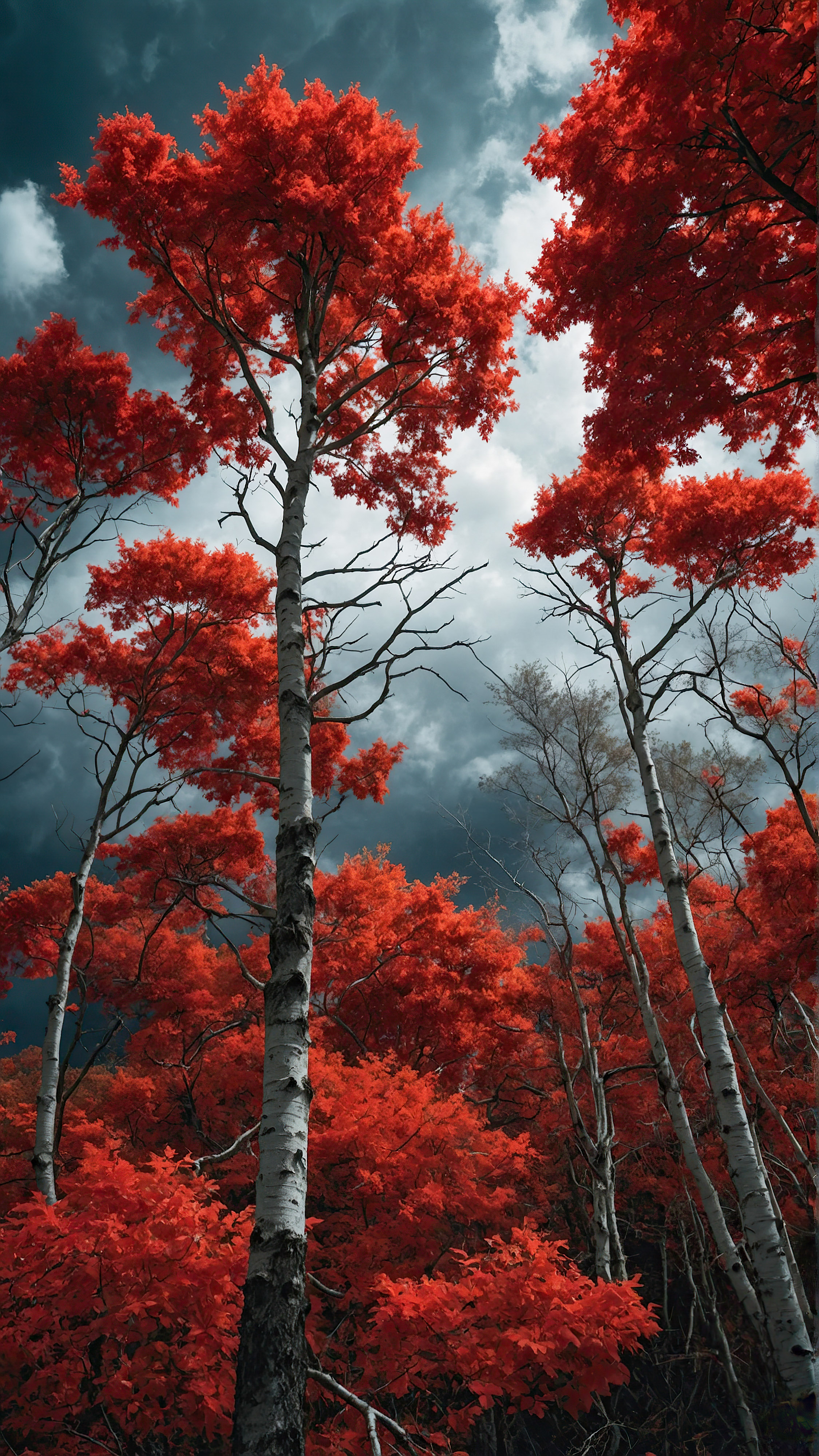 Get lost in the magic of autumn with our iPhone wallpaper, a surreal and dramatic scene of trees with bright red foliage under a dark sky with fluffy white clouds.