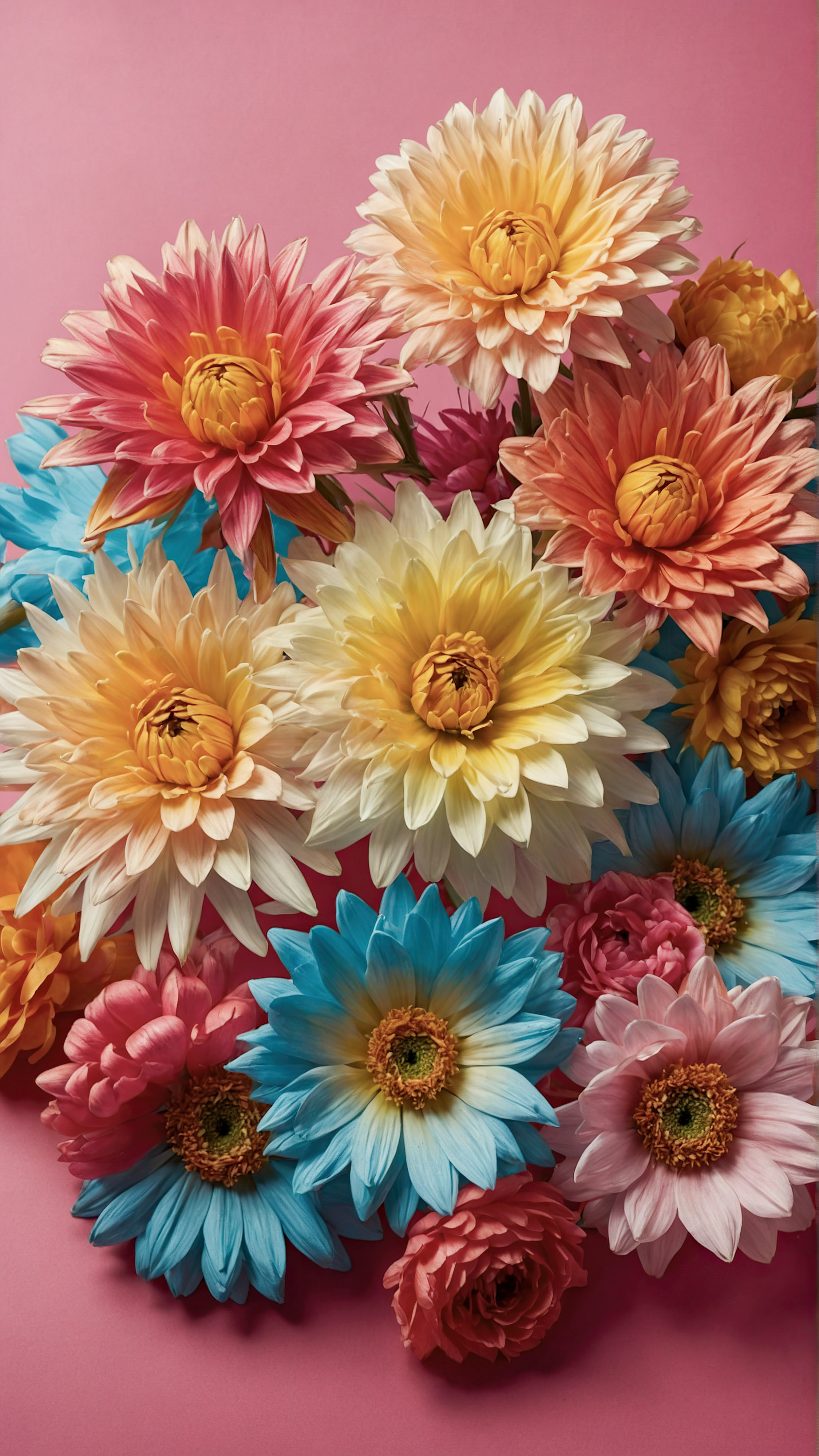 Enjoy the beauty and style of our beautiful iPhone wallpaper, featuring a collection of vibrant, artificial flowers with detailed petals and centers, set against a contrasting pink background.