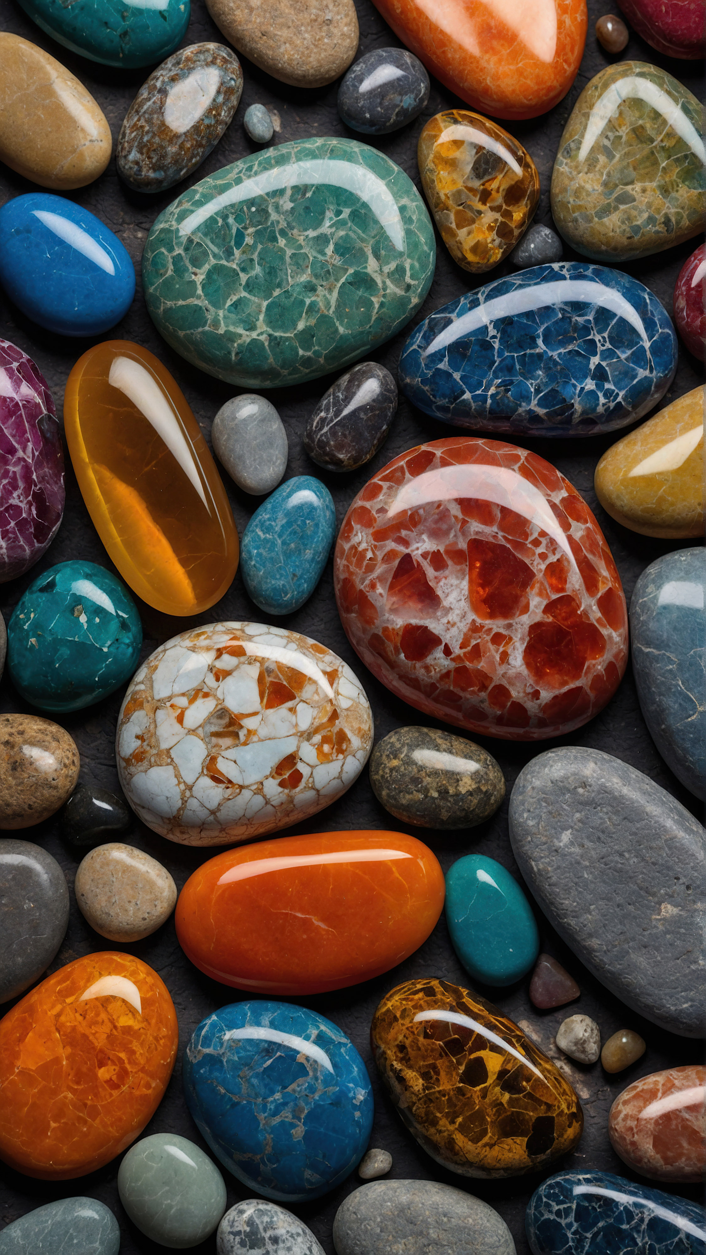 Profitez de la beauté et du style de nos meilleurs fonds d'écran iPhone HD gratuits, présentant une collection de pierres colorées, abstraites et lisses de différentes tailles et formes, illuminées pour mettre en valeur leurs contours et textures.