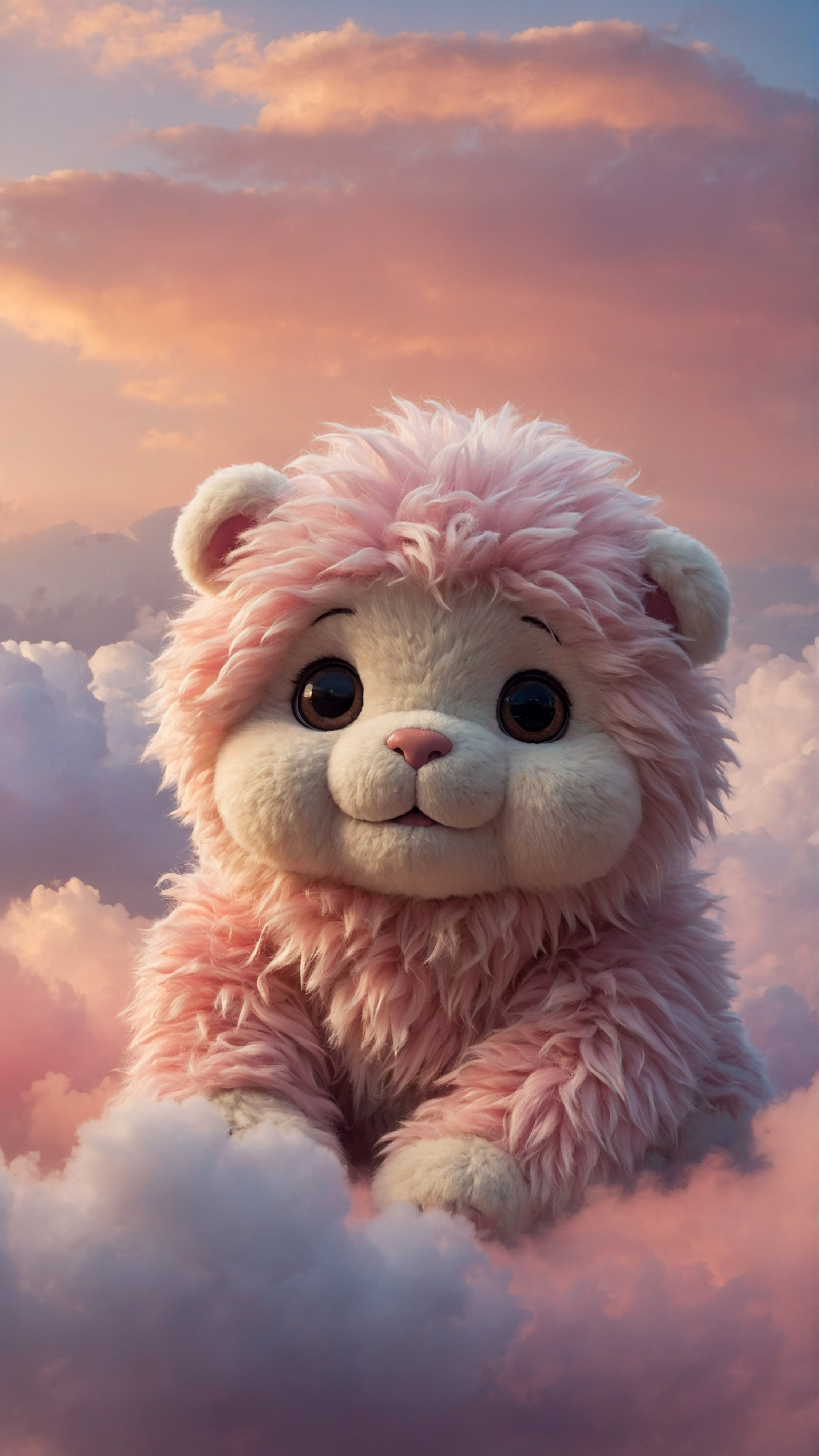 Transform your device’s appearance with our best home screen wallpaper for iPhone, showcasing an adorable plush creature with a smiling face, sitting amidst fluffy clouds under a soft, pastel pink sky during what appears to be sunset.