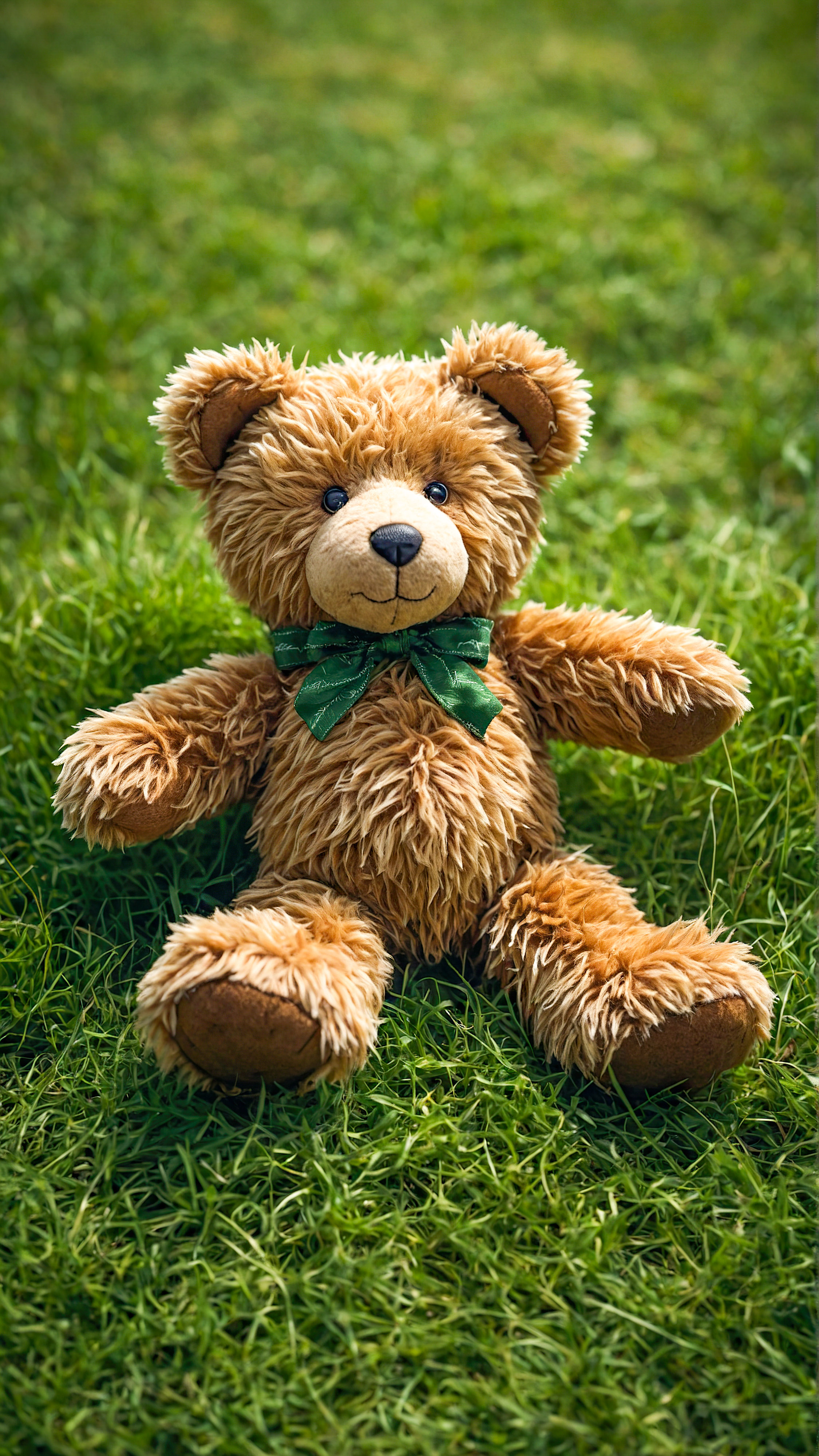 Ressentez une sensation de chaleur et de confort avec notre fond d'écran iPhone 4K cool gratuit, présentant un ours en peluche allongé sur une surface herbeuse verte vibrante, avec ses bras près de son visage.