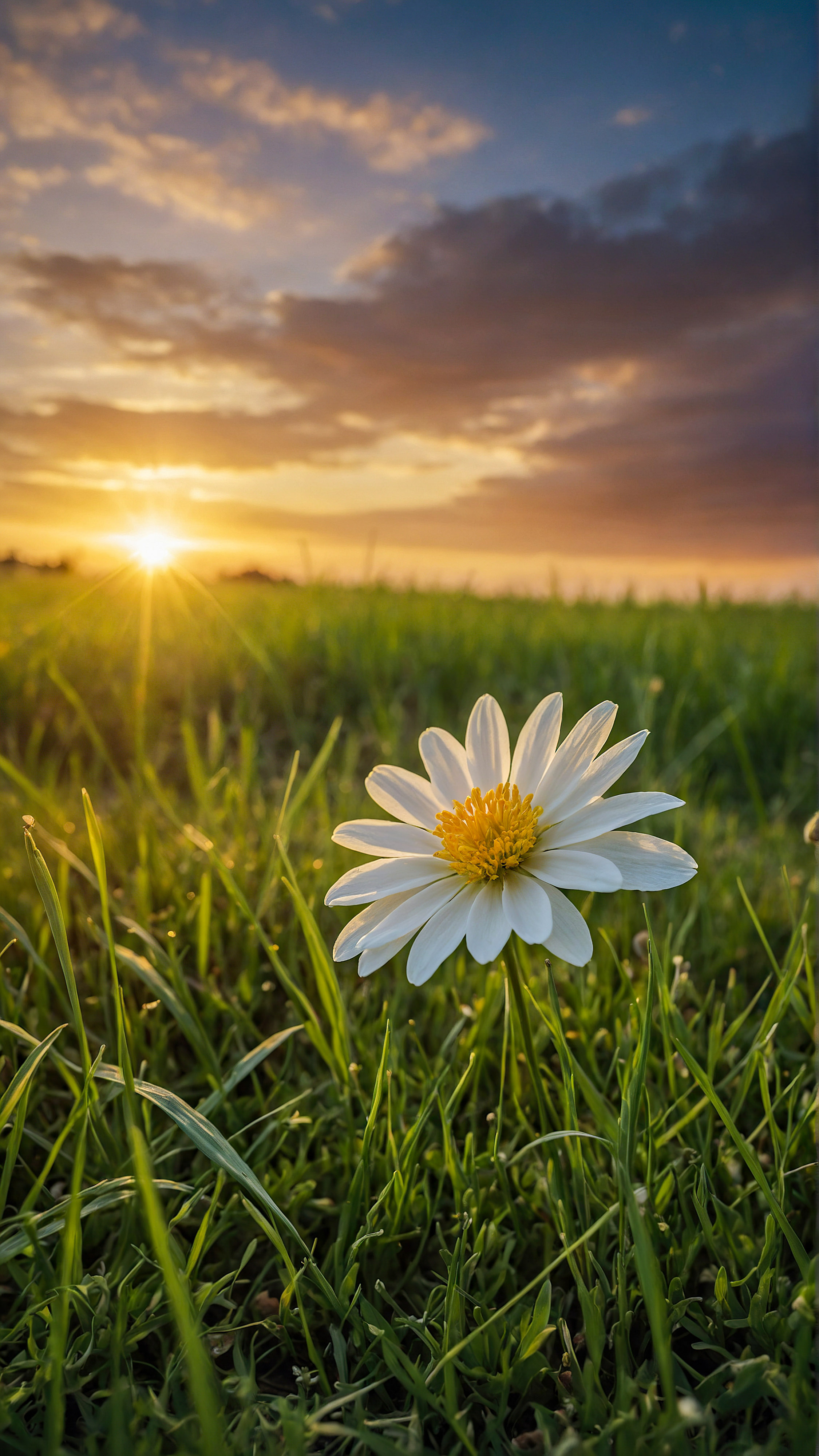 Capturez l'essence de la beauté naturelle avec notre arrière-plan iPhone mignon, présentant une seule fleur blanche avec des étamines jaunes fleurissant au milieu de l'herbe verte, sur un fond d'un coucher de soleil vibrant.
