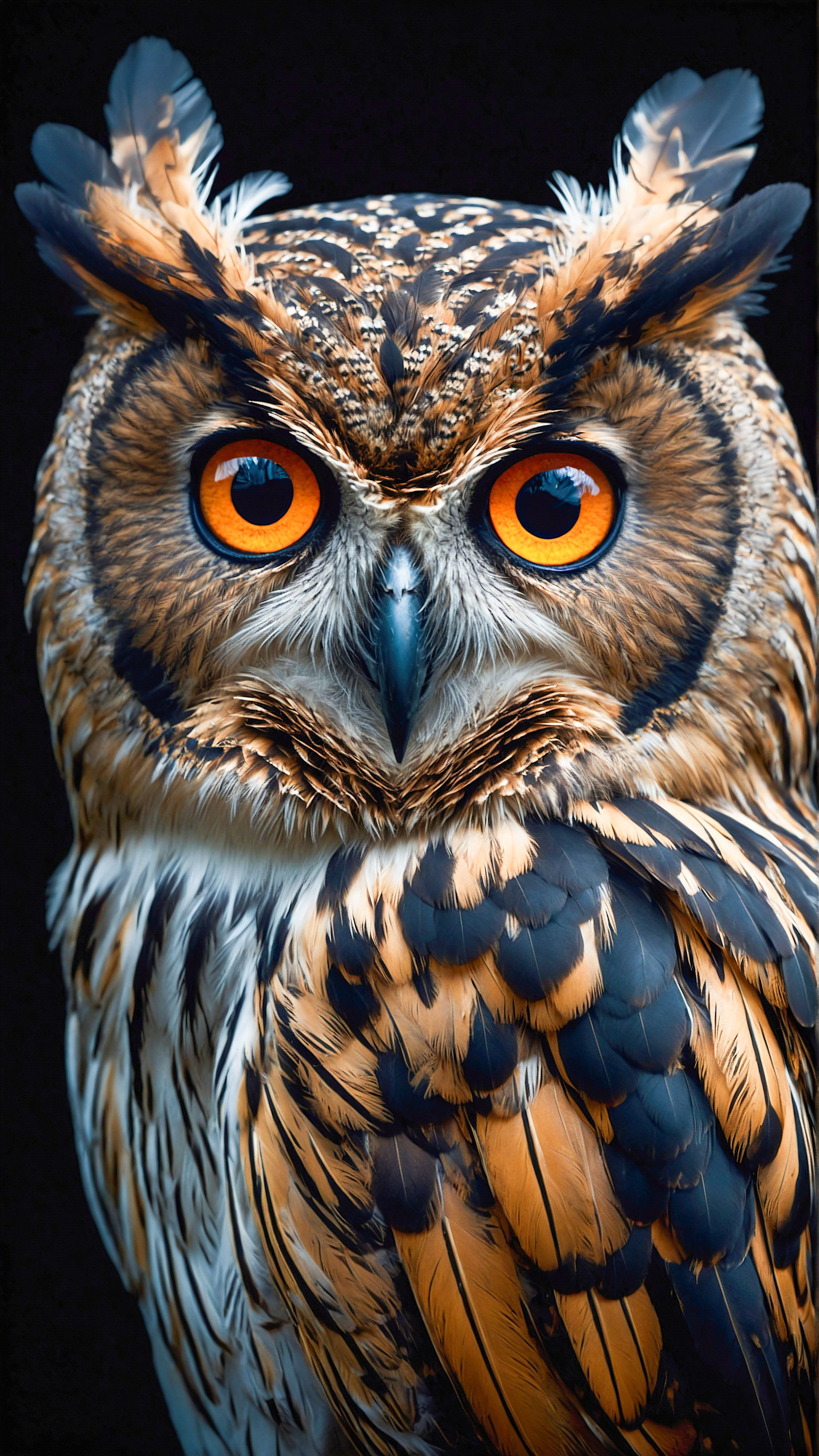 Adorn your home screen with our iPhone wallpaper, a detailed and artistic representation of an owl with glowing eyes, intricate feather patterns, and a dark, mysterious ambiance.