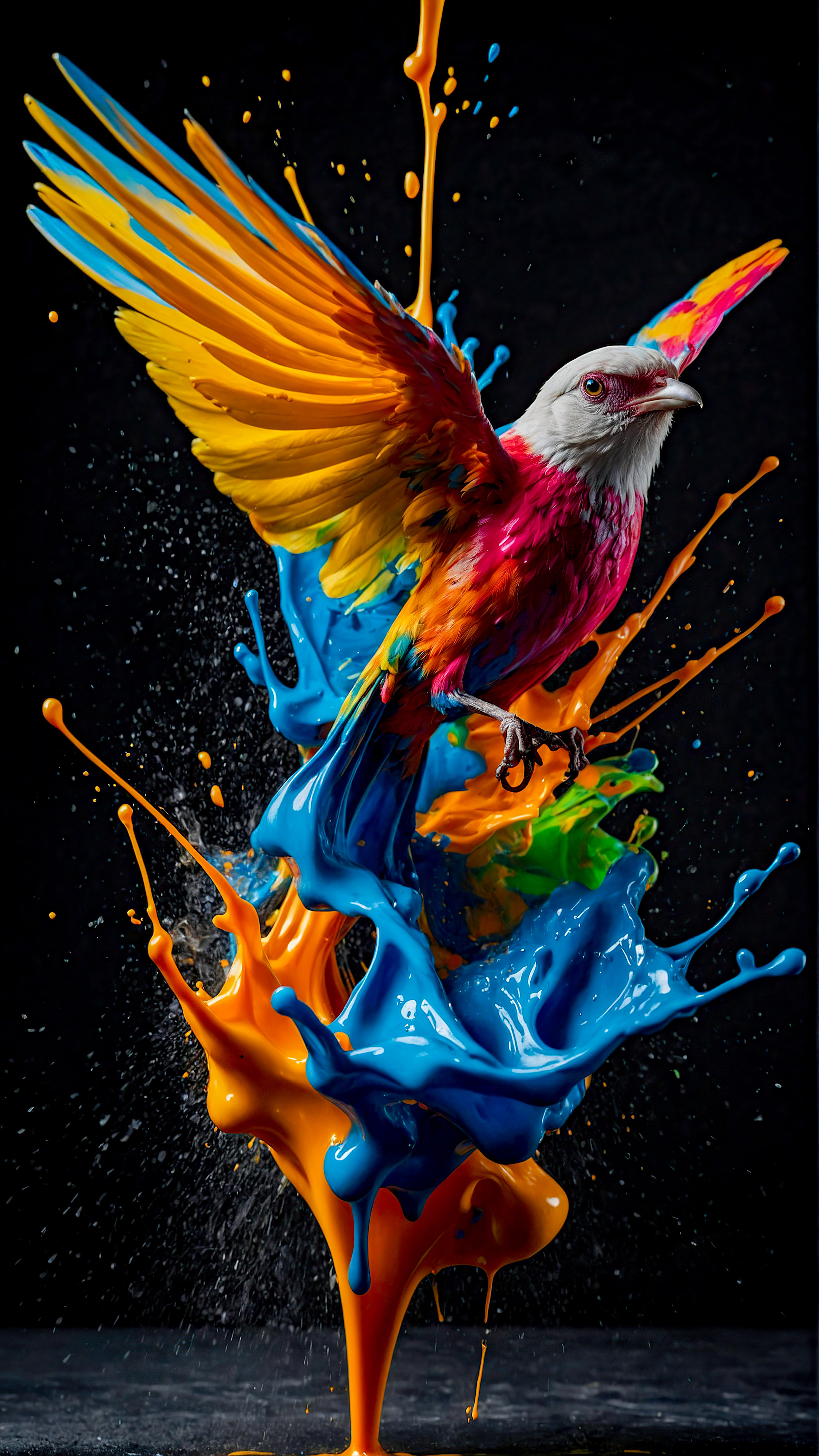 Découvrez la vibrance des couleurs avec notre arrière-plan en 4K pour iPhone, présentant une éclaboussure dynamique et colorée de peinture, ressemblant à un oiseau en vol, sur un fond sombre.