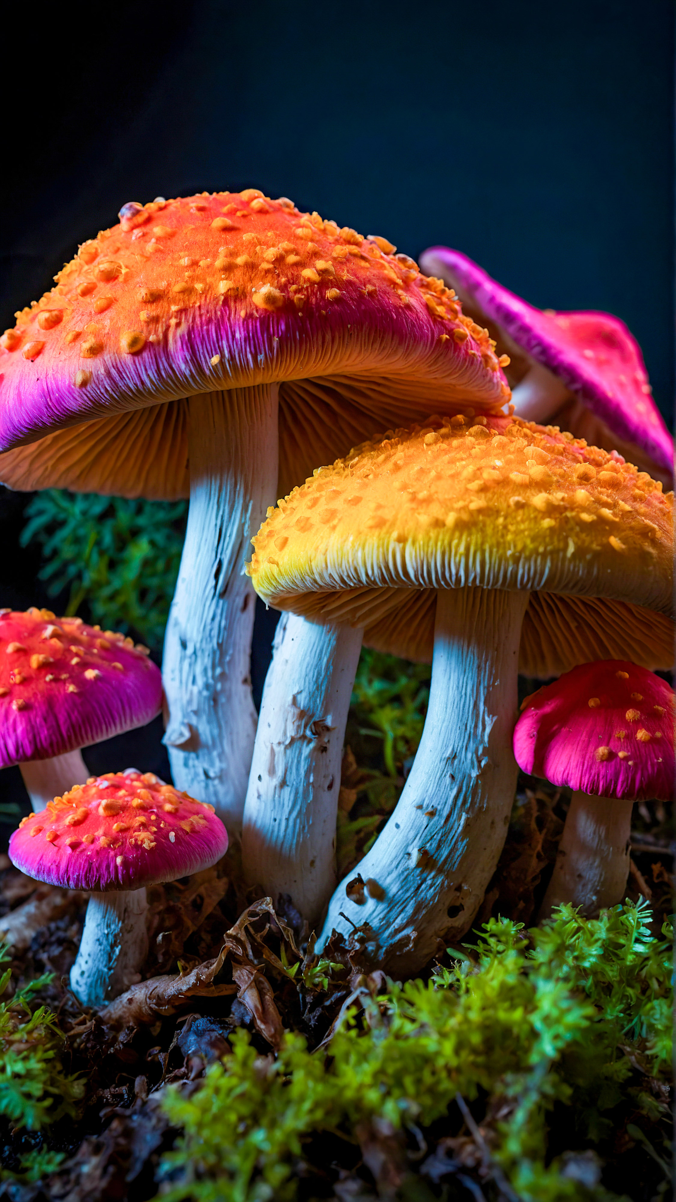 Laissez-vous hypnotiser par nos fonds d'écran iPhone style 4K gratuits, présentant un groupe de champignons aux couleurs vives et néon sur un fond sombre, créant un effet visuellement frappant et surréaliste.