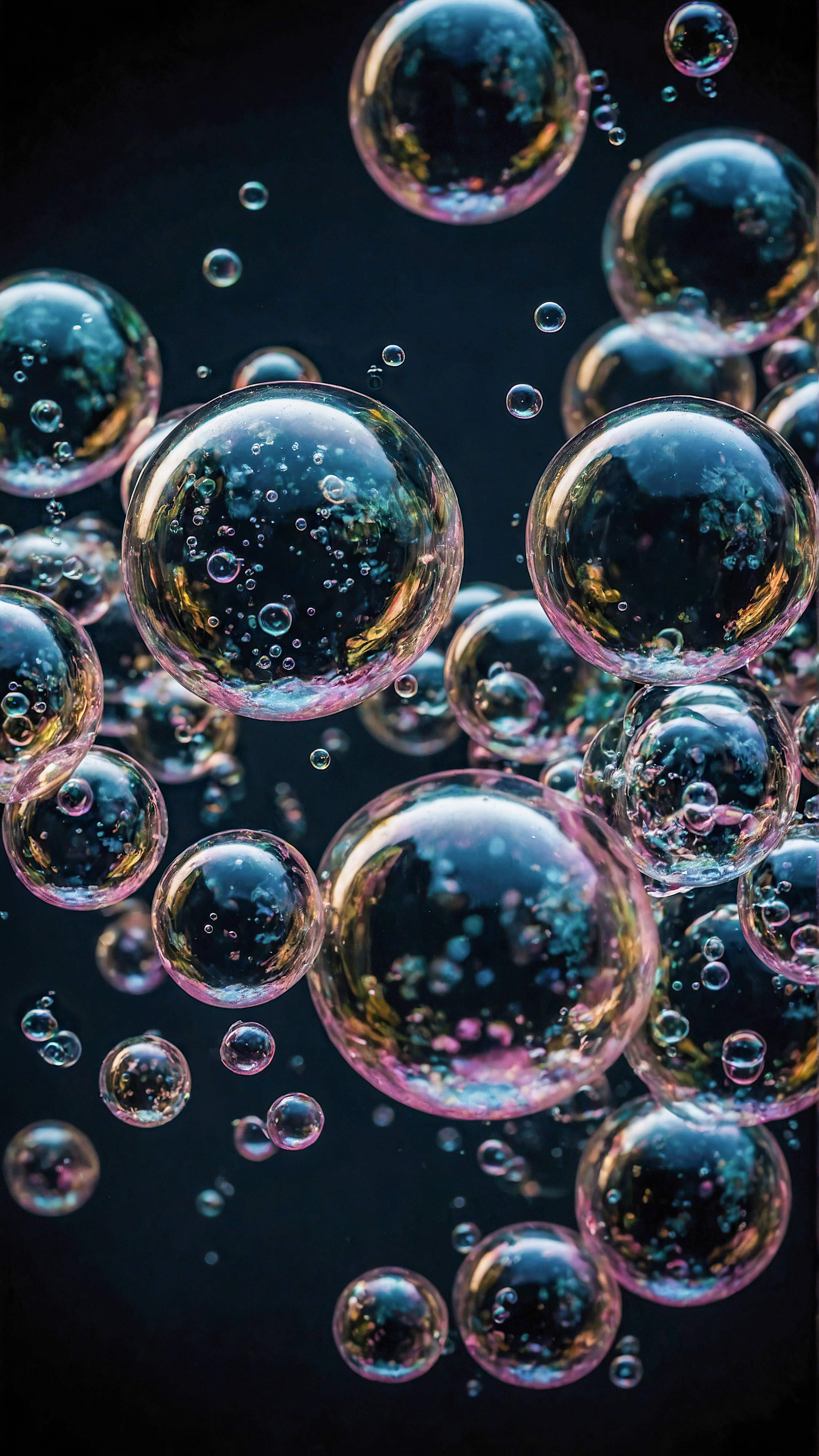 Experience the magic of our 4K iPhone lock screen wallpaper, portraying various sizes of bubbles floating amidst a dark background, illuminated to showcase their detailed surfaces and the light reflections on them.