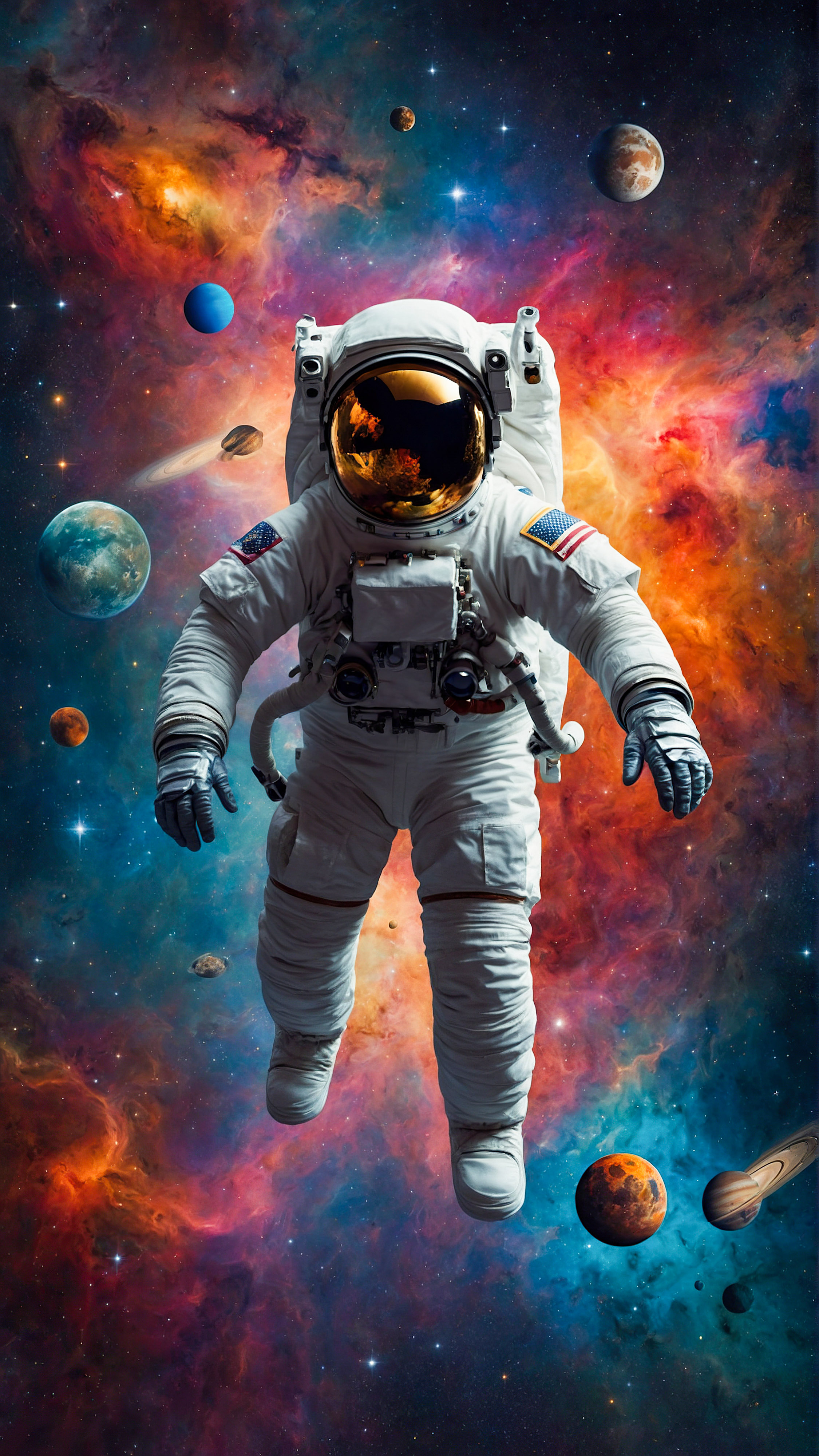 Transform your device’s appearance with our iPhone OLED wallpaper, a collage-style artwork of an astronaut surrounded by various colorful celestial bodies and shapes against a starry space background.