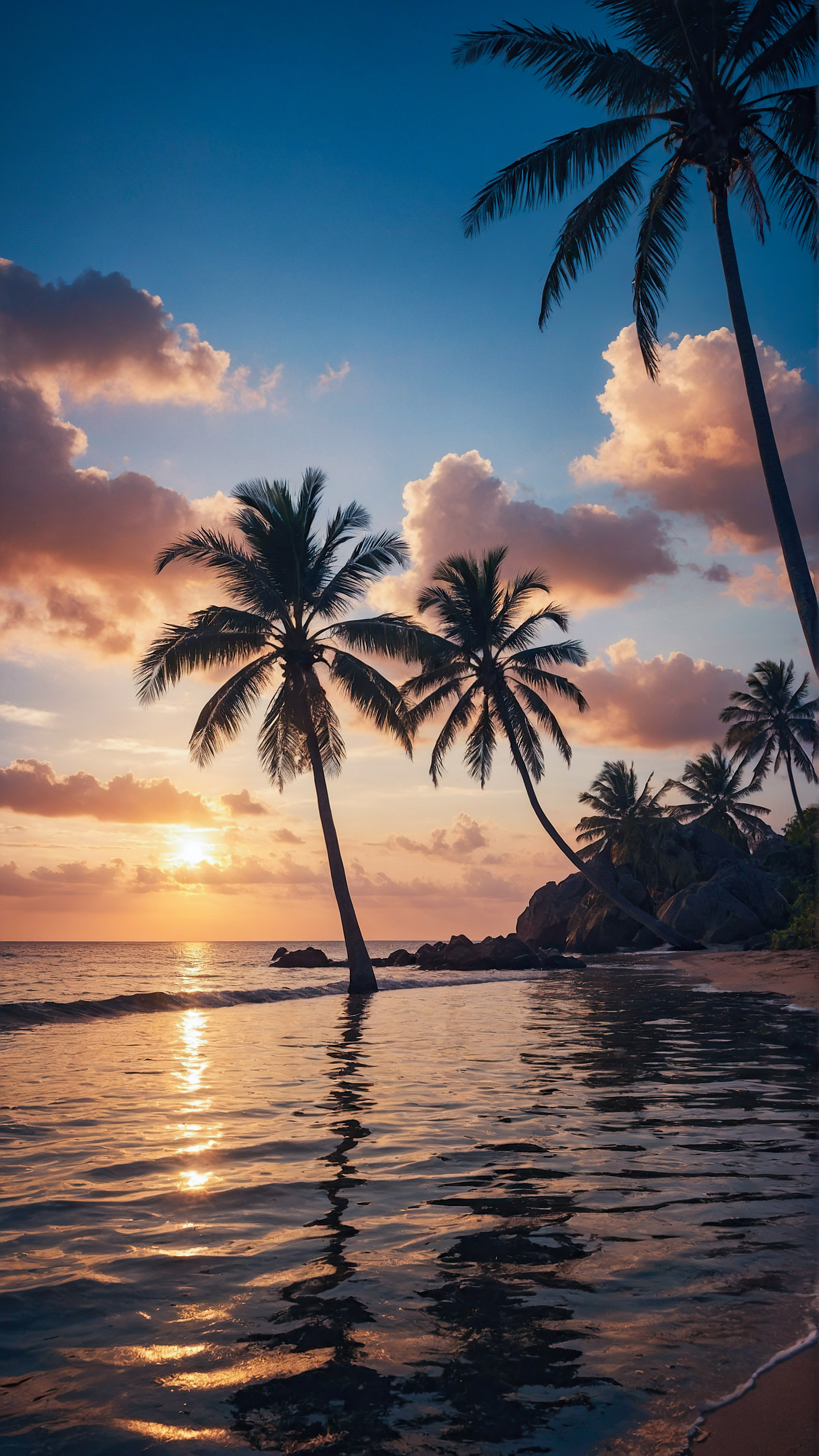 Profitez de la beauté et du style de notre fond d'écran iPhone présentant un coucher de soleil serein sur une plage tropicale, où la silhouette des palmiers est mise en valeur contre les teintes chaudes du ciel se reflétant sur les eaux calmes. 