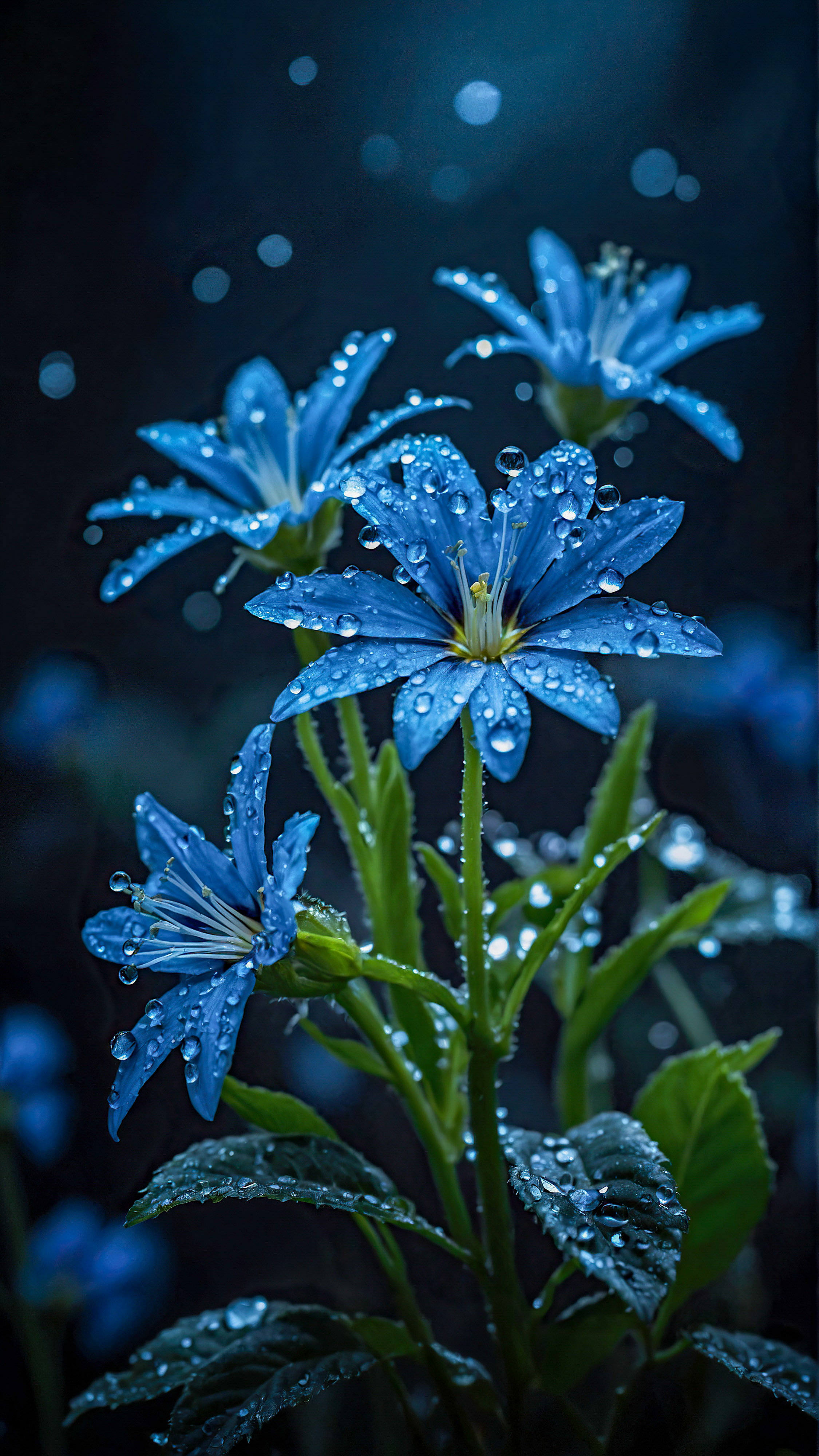 Vivez la tranquillité de la nature avec notre beau fond d'écran iPhone, une scène sereine et mystique de fleurs bleues lumineuses avec des gouttes de rosée, sur un fond sombre et flou.