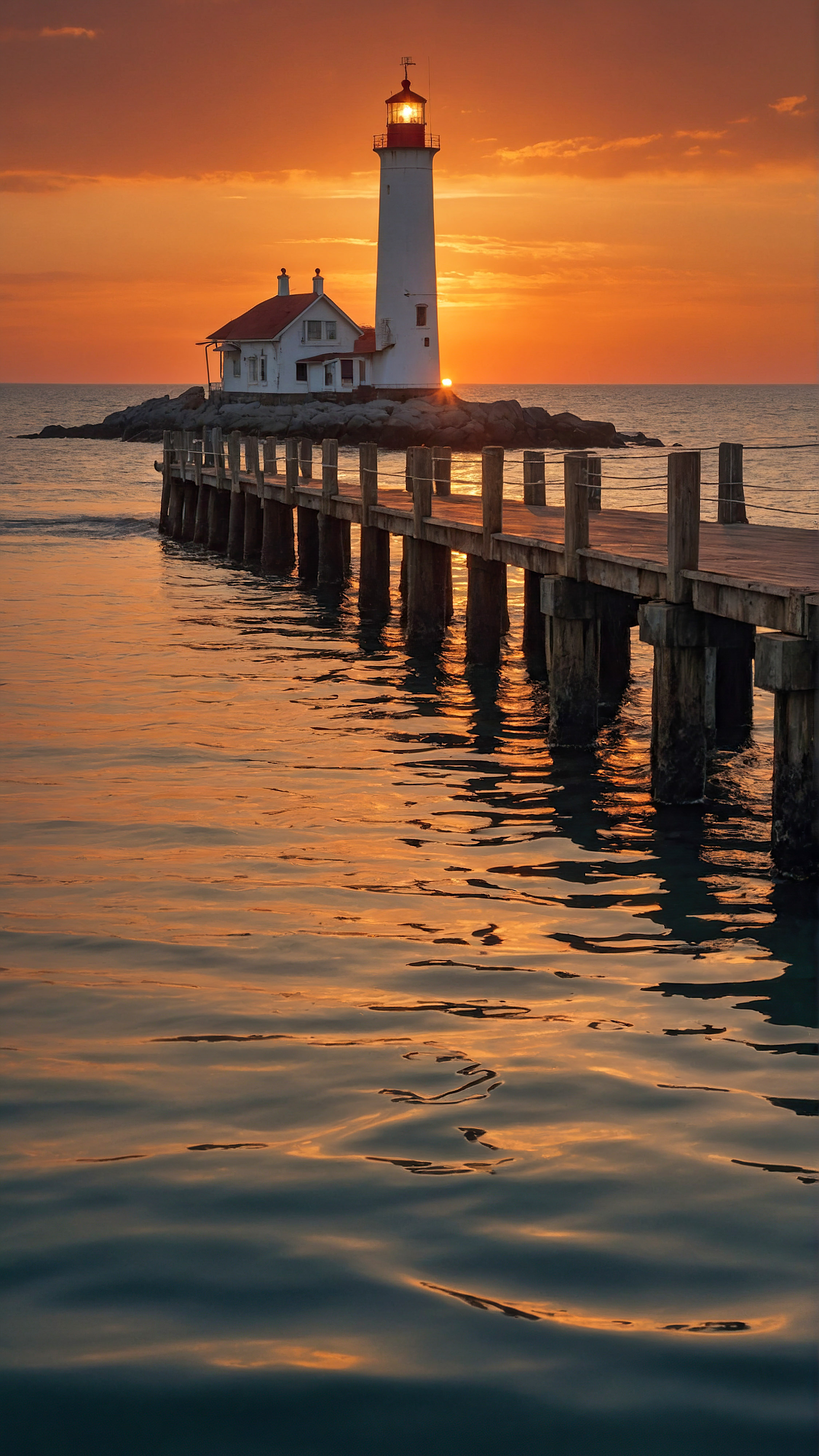 Get lost in the magic of the sunset with our iPhone wallpaper, showcasing a tranquil scene of a lighthouse at the end of a long pier, surrounded by the calm sea under an enchanting orange-hued sunset sky.