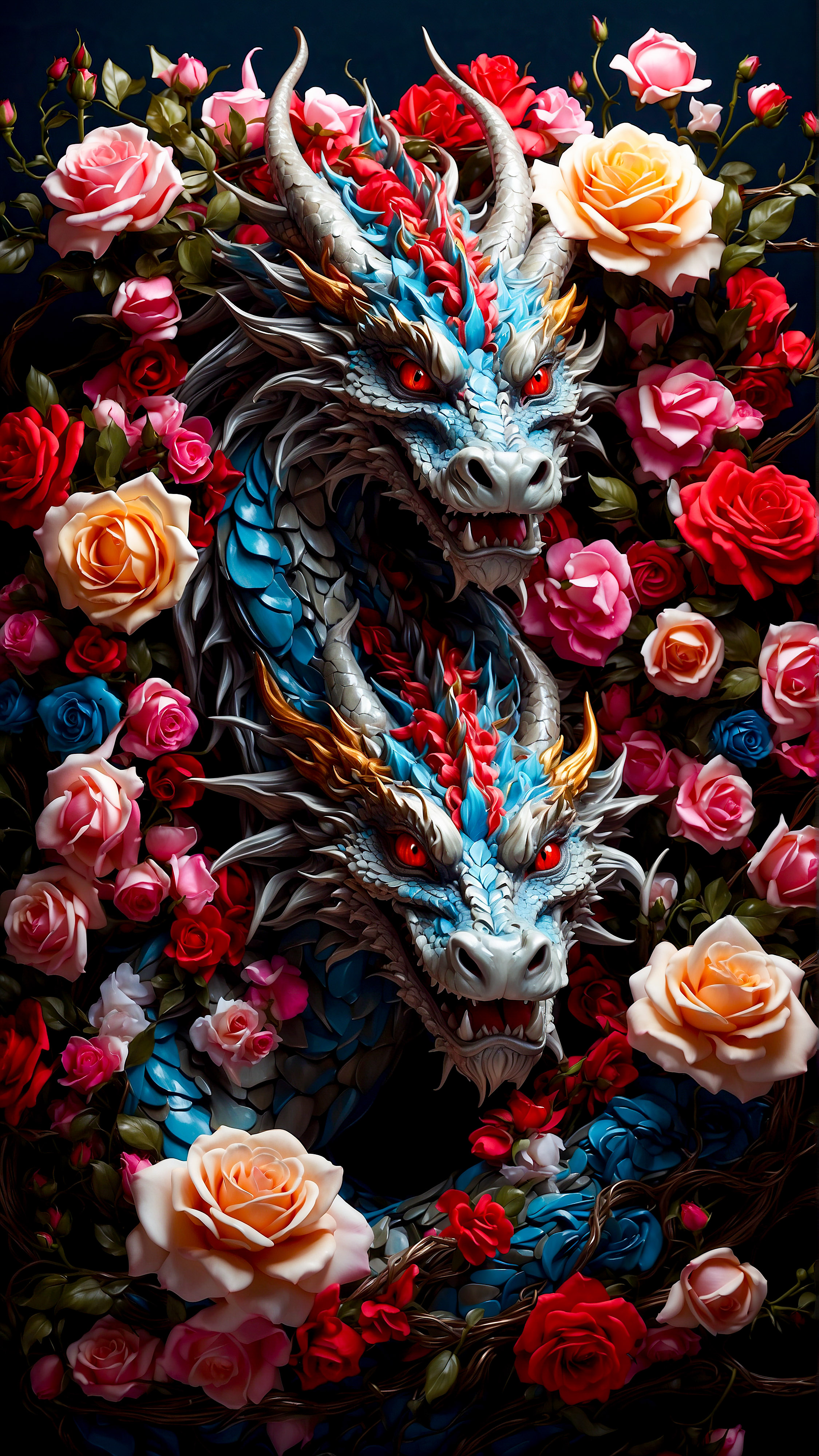 Ressentez la puissance de l'esthétique avec notre arrière-plan pour l'écran de verrouillage de l'iPhone, présentant une illustration vibrante et colorée d'un dragon entrelacé avec de belles roses sur un fond sombre. 