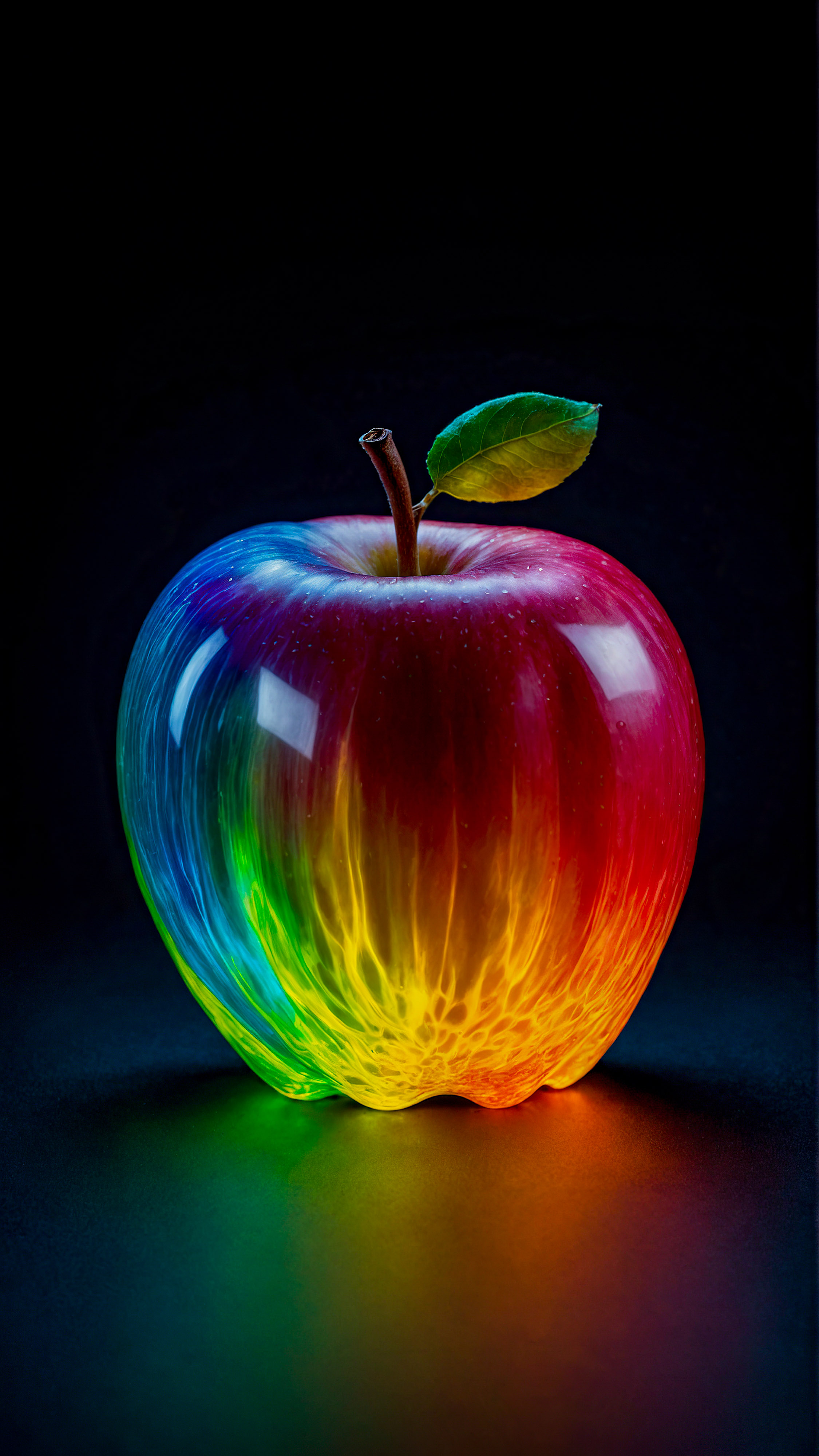 Admire the elegance of our ultra HD Apple wallpaper in 4K, showcasing a colorful, illuminated ghost-like Apple logo with a gradient of vibrant colors against a dark background.