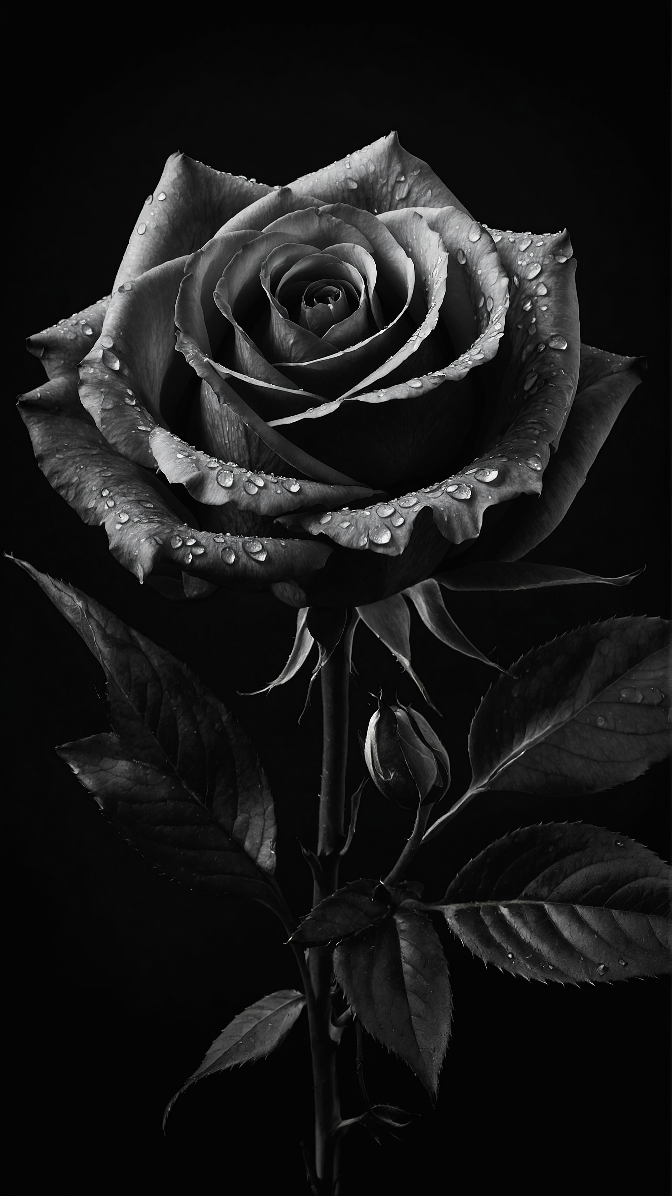 Appréciez l'élégance d'une rose aux détails complexes, sur un fond sombre, à travers notre fond d'écran esthétique noir pour iPhone.