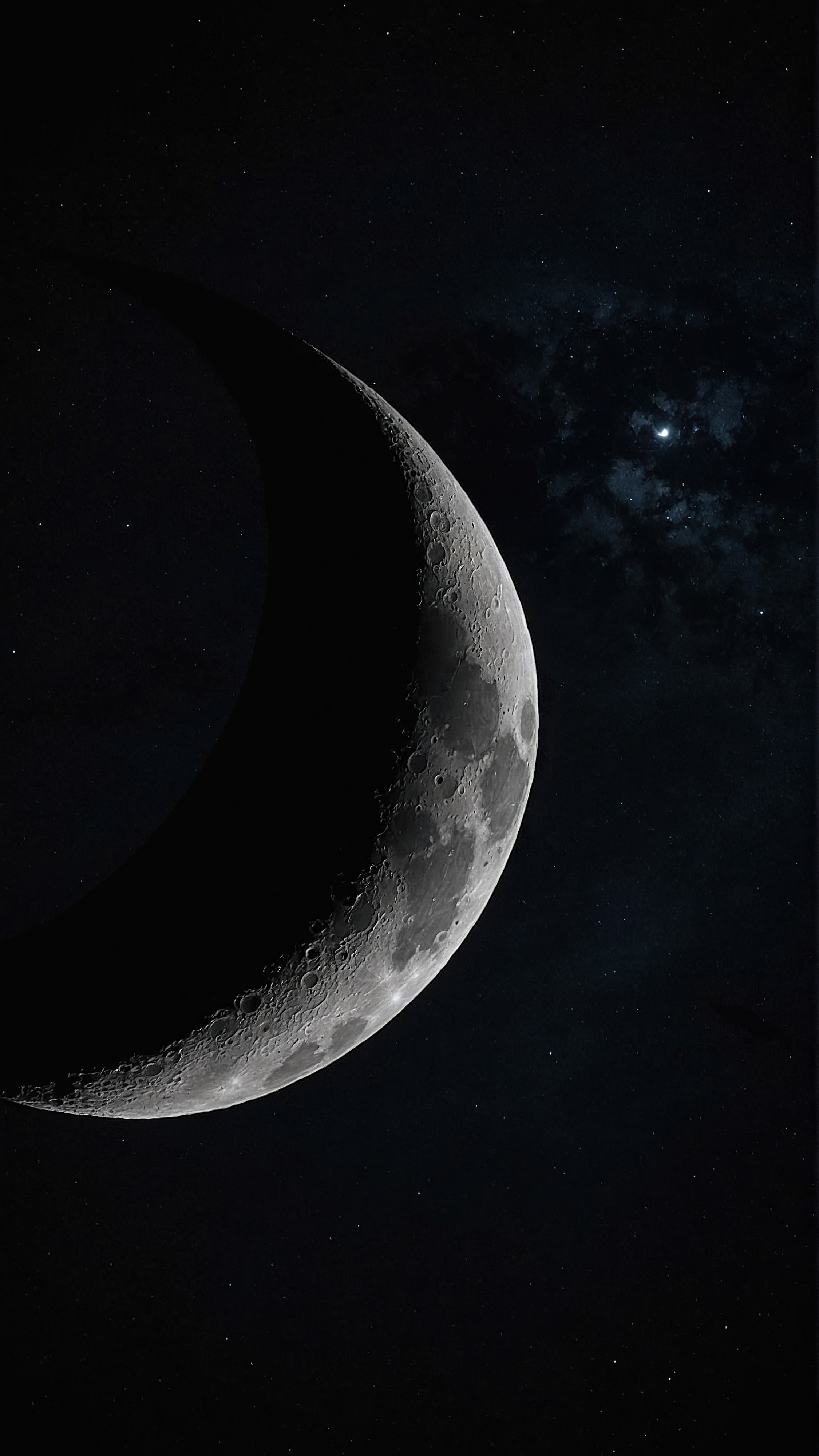 Discover the allure of space through an all-black iPhone wallpaper, featuring a detailed crescent moon, illuminated against the dark backdrop of space.