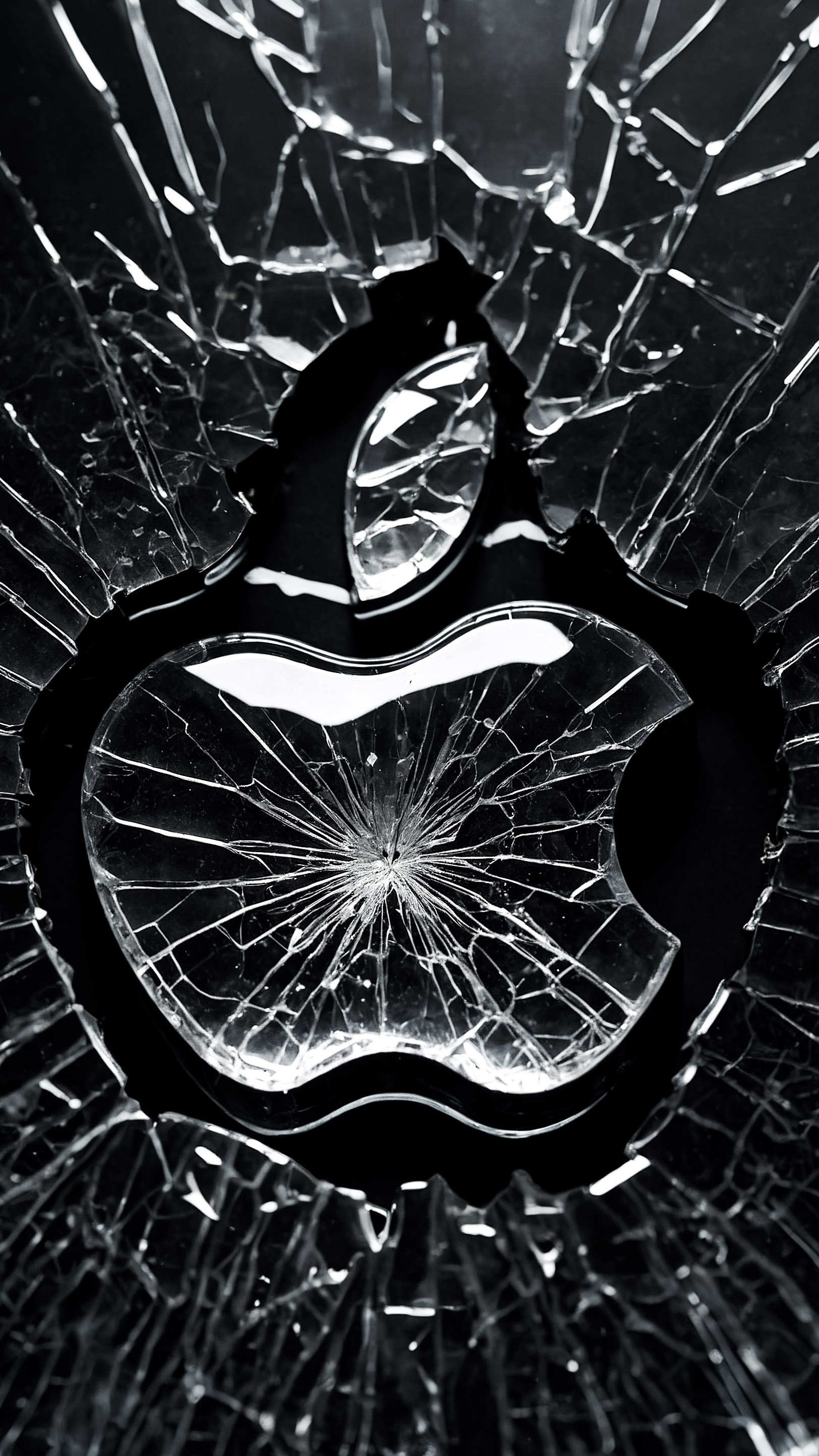 Transformez l'apparence de votre appareil avec un logo Apple sur fond noir, présentant une surface de verre brisée, avec des fissures rayonnant vers l'extérieur à partir d'un point central sous la forme du logo Apple emblématique.