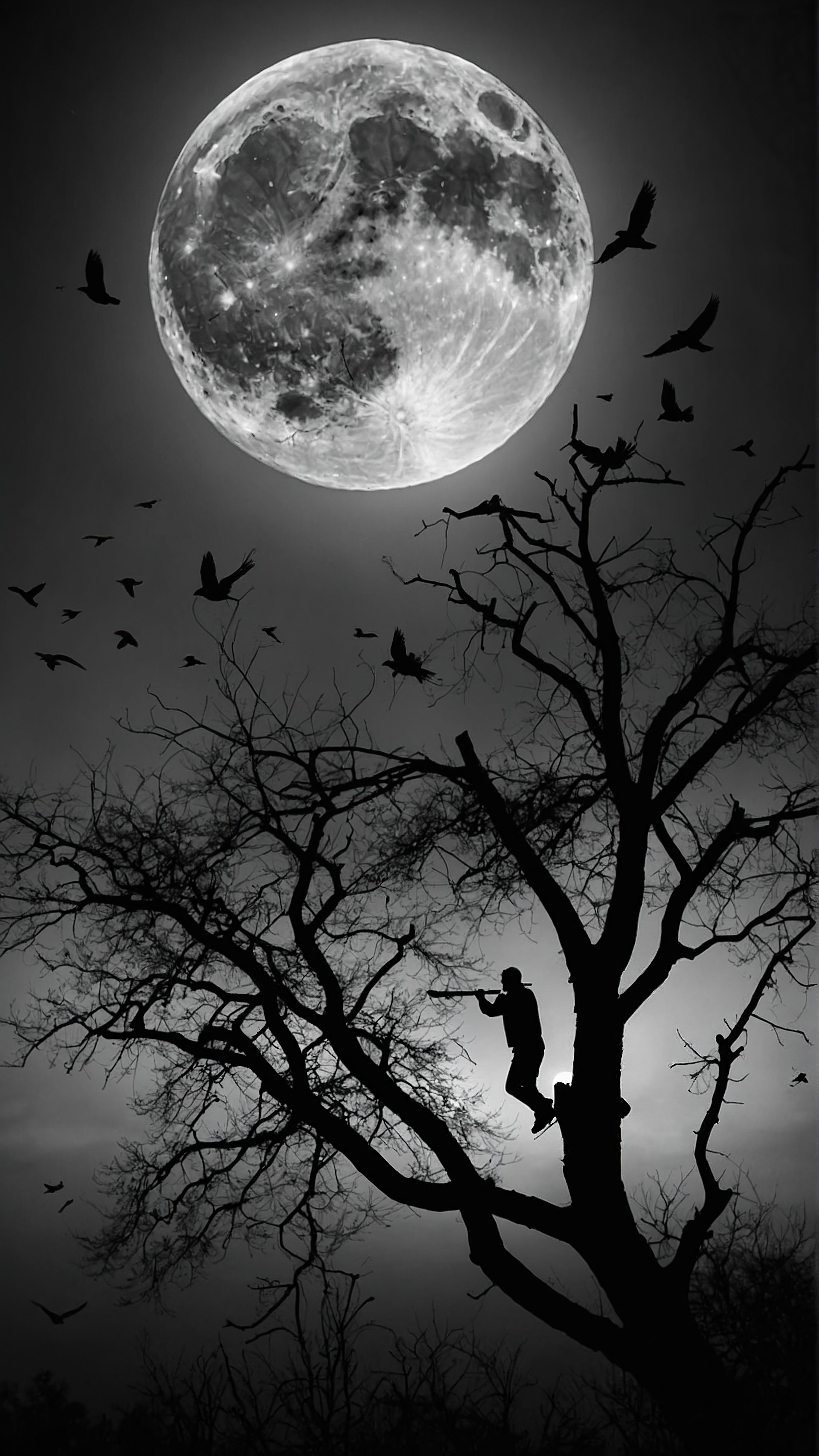 Vivez la tranquillité avec un fond d'écran esthétique noir et blanc pour votre iPhone, présentant une silhouette de personne assise sur une branche d'arbre, jouant de la flûte sur fond de pleine lune, avec des oiseaux volant à travers.