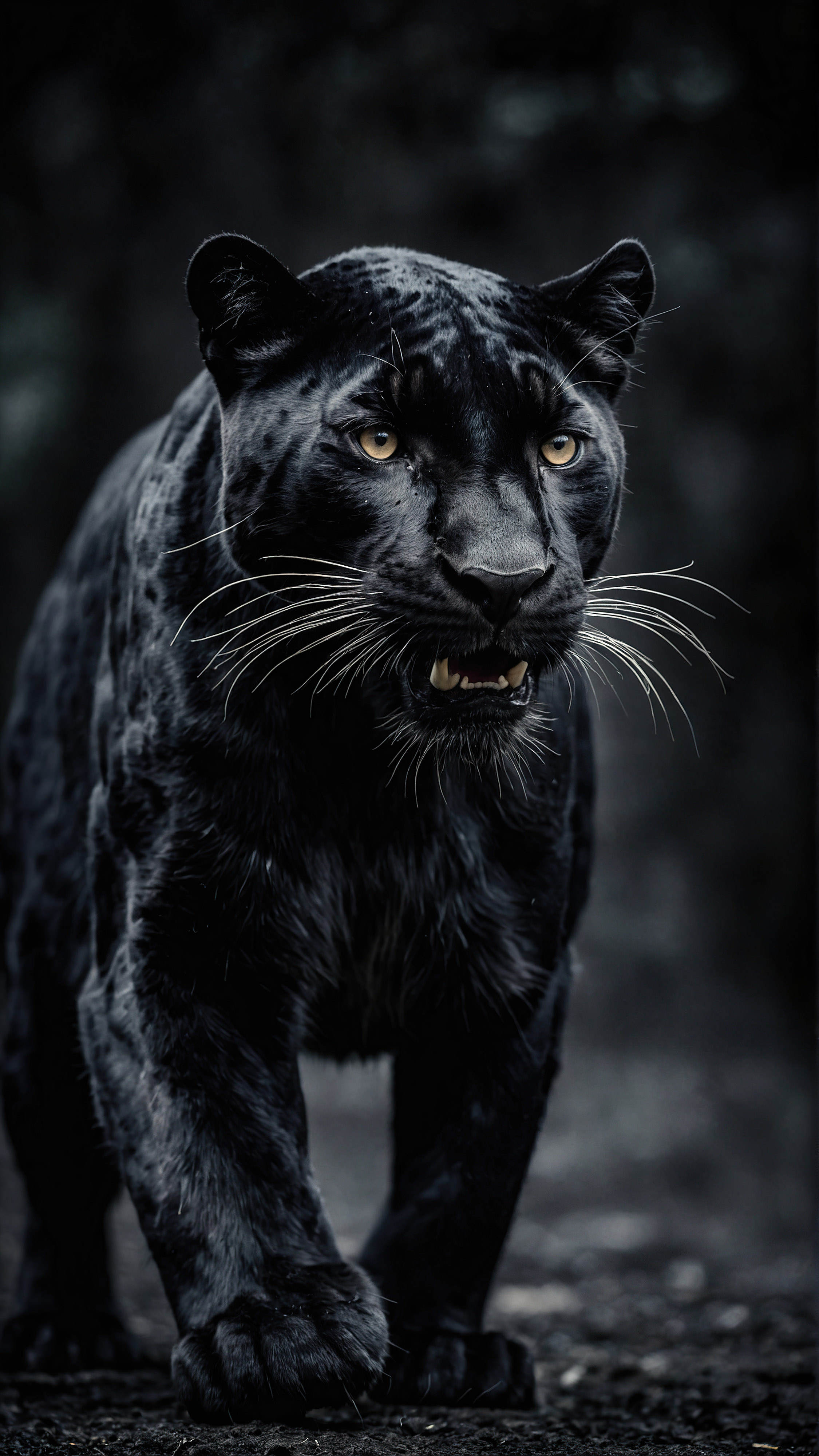 Capture the essence of the wild with our black background for iPhone, featuring a black panther in motion against a dark background, its eyes intensely focused.