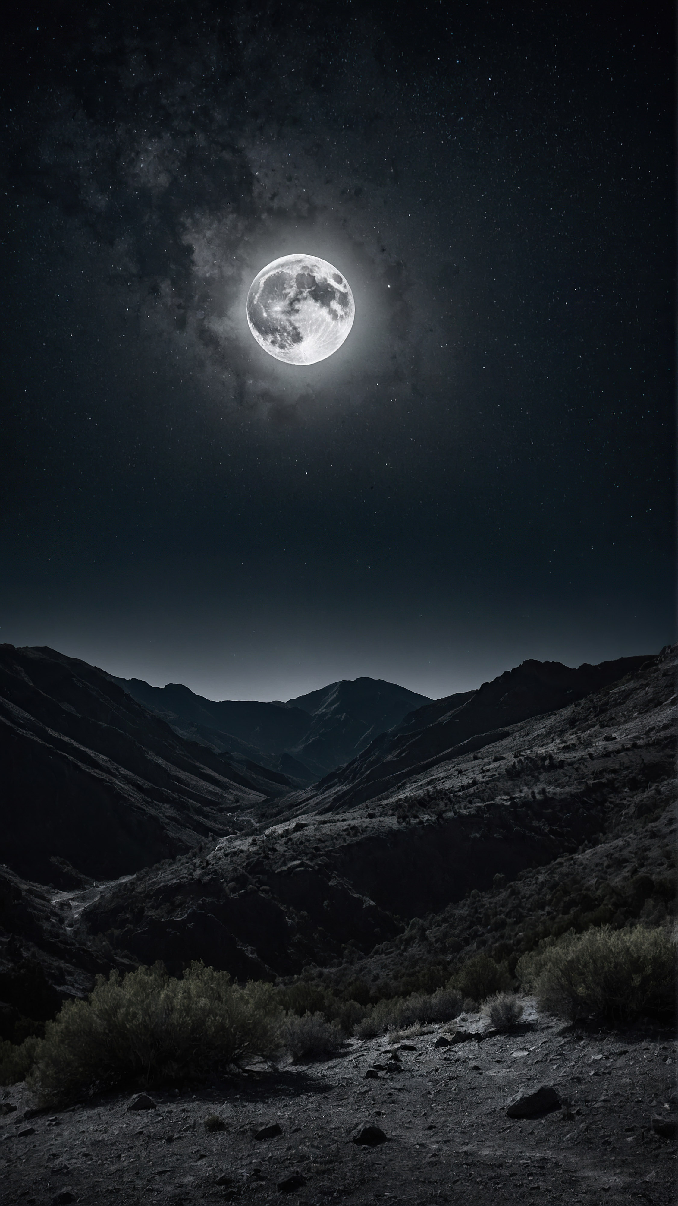 Découvrez la sérénité du fond d'écran noir pour iPhone, présentant une pleine lune brillante illuminant un ciel étoilé au-dessus d'une chaîne de montagnes accidentée.
