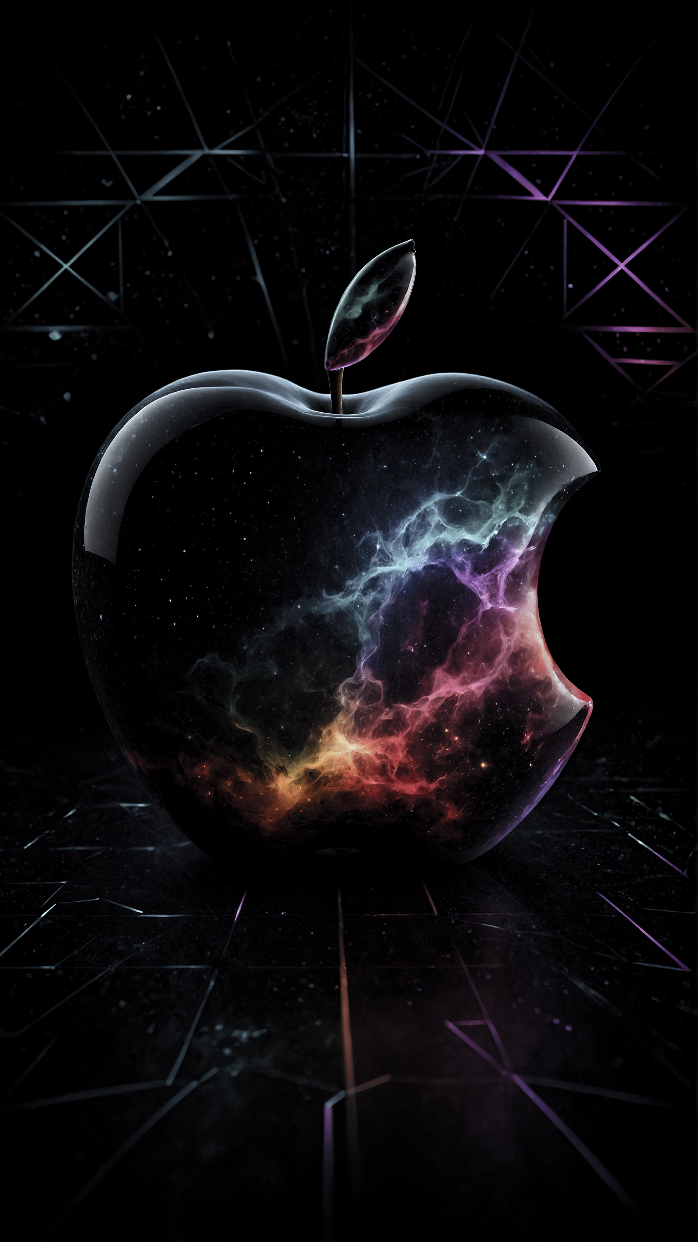Transformez l'apparence de votre appareil avec notre 4K fond d'écran noir pour iPhone, présentant un logo Apple stylisé et coloré avec un motif cosmique sur un fond géométrique et sombre. 