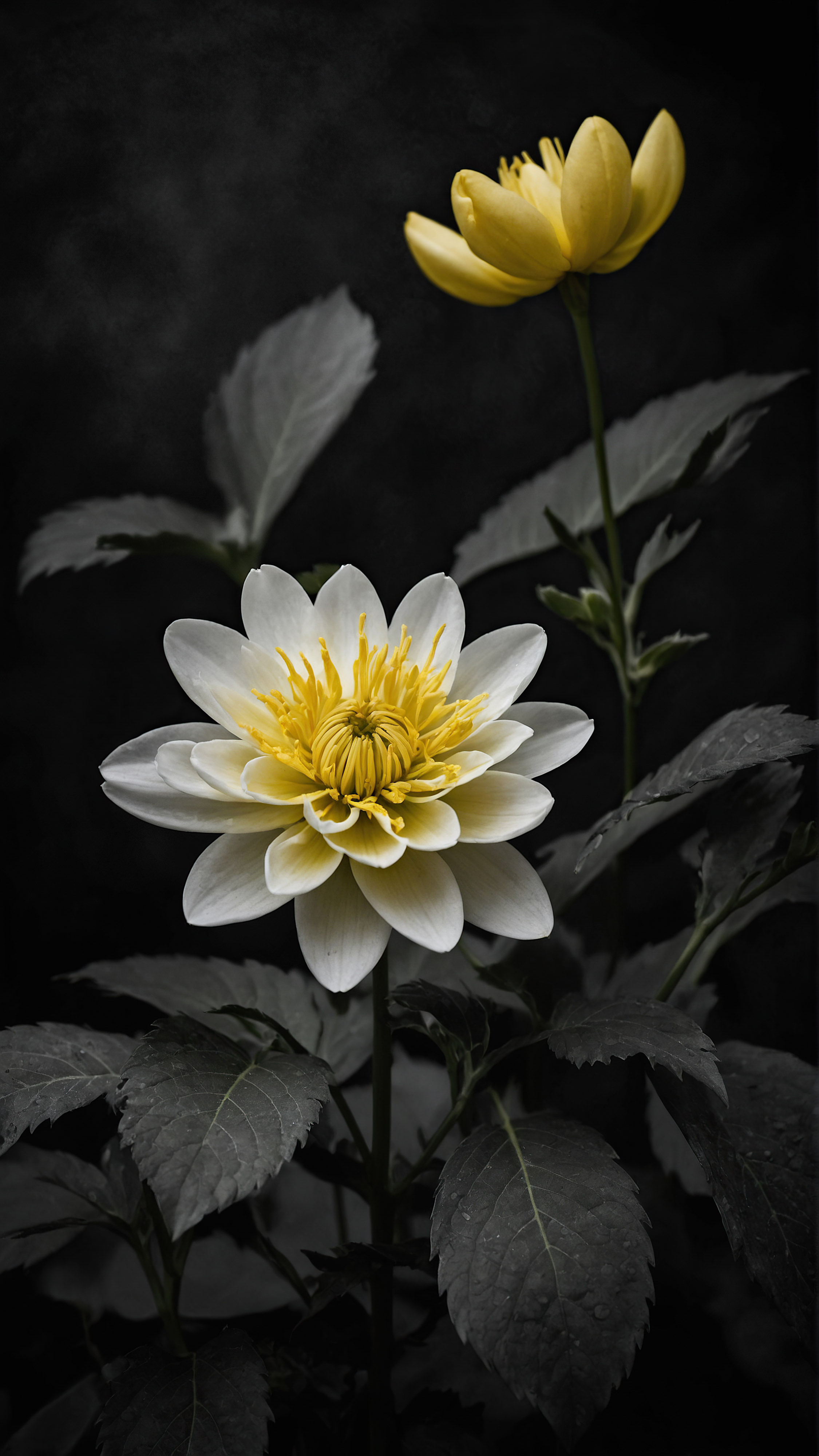 Admirez la beauté délicate avec un fond d'écran mignon noir pour iPhone, mettant en valeur une fleur en fleurs avec des pétales délicats jaunes et blancs, magnifiquement détaillés sur un fond sombre.