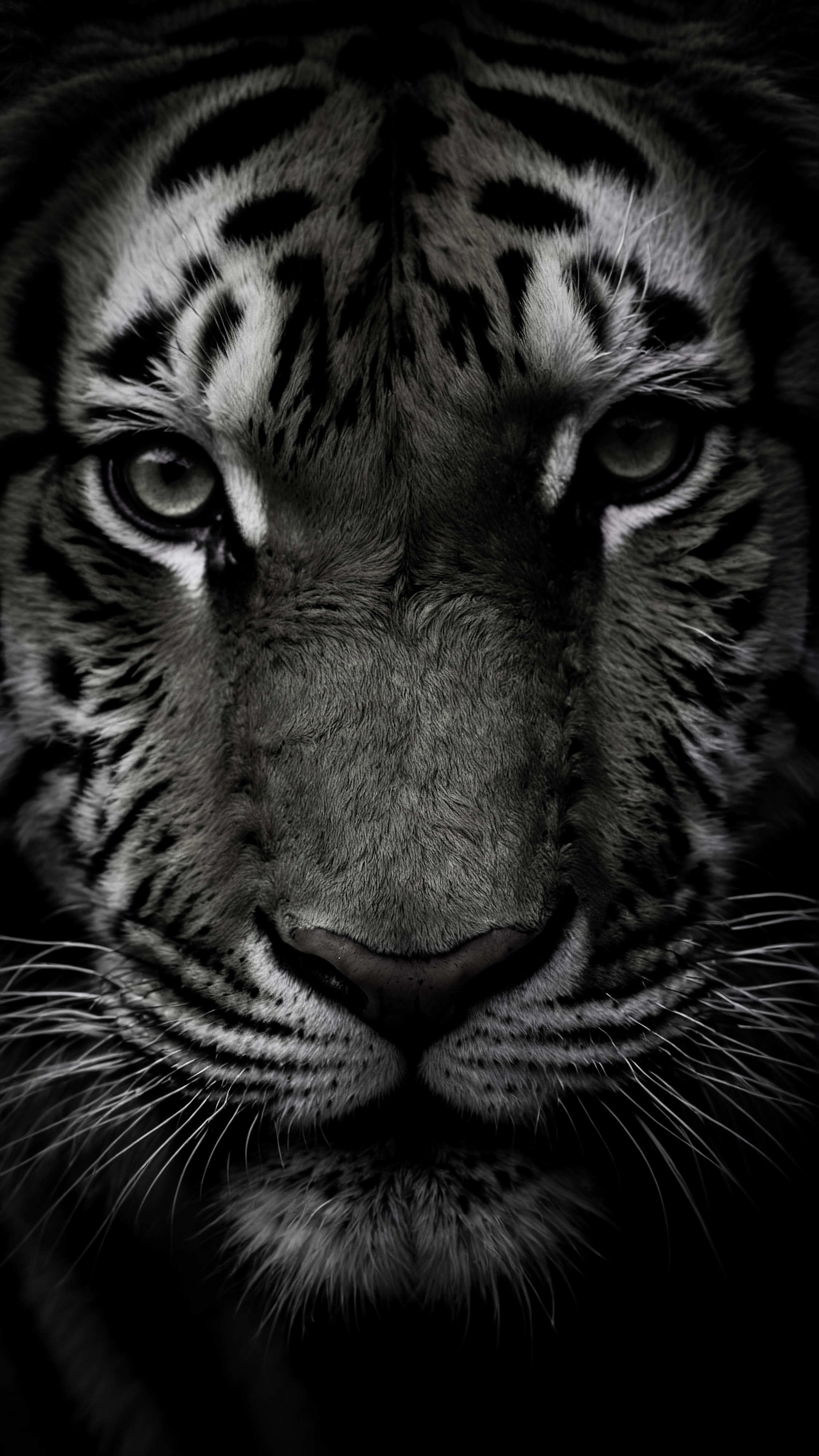 Admirez l'intensité du visage d'un tigre, mis en évidence sur un fond sombre, avec notre fond d'écran esthétique sombre pour iPhone en 4K gratuit.