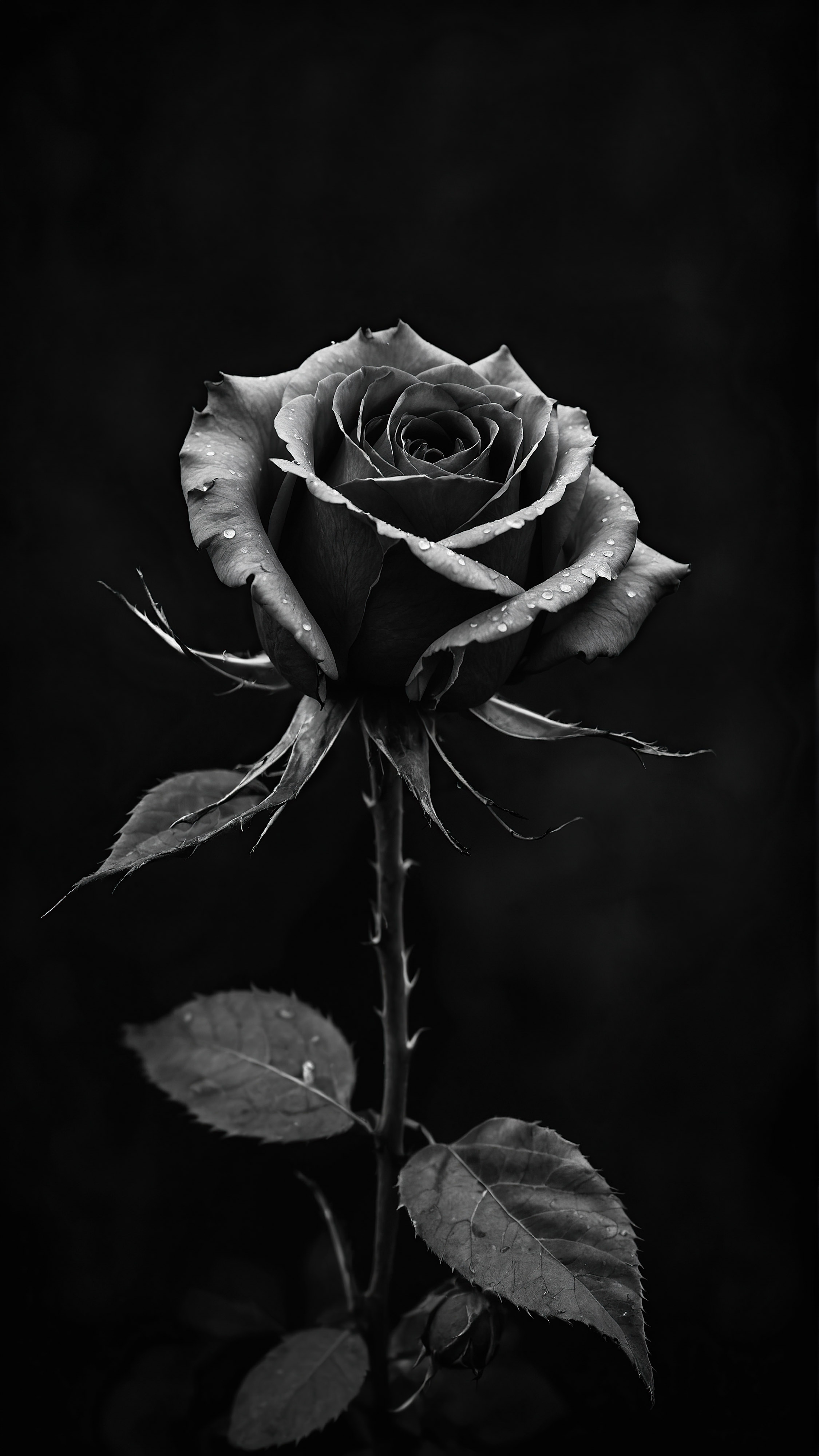 Admirez la beauté du fond d'écran noir en 4K avec des fleurs pour iPhone, capturant une rose délicate avec sa tige épineuse et une feuille flétrie sur un fond sombre. 
