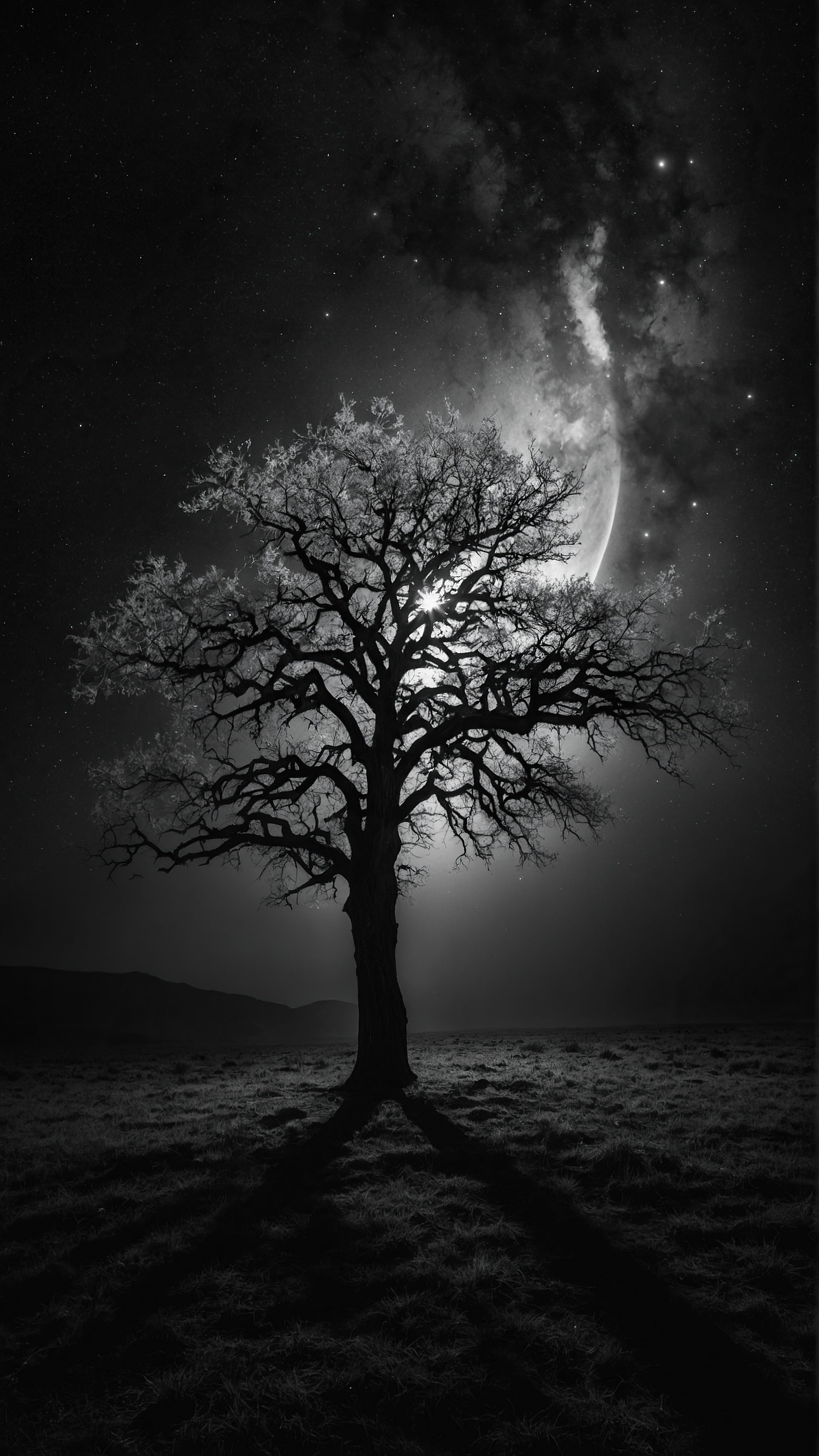 Perdez-vous dans la magie de notre économiseur d'écran noir pour iPhone en 4K, dépeignant une scène surréaliste d'un arbre brillamment illuminé devant un corps céleste sombre, créant une atmosphère éthérée et mystique. 