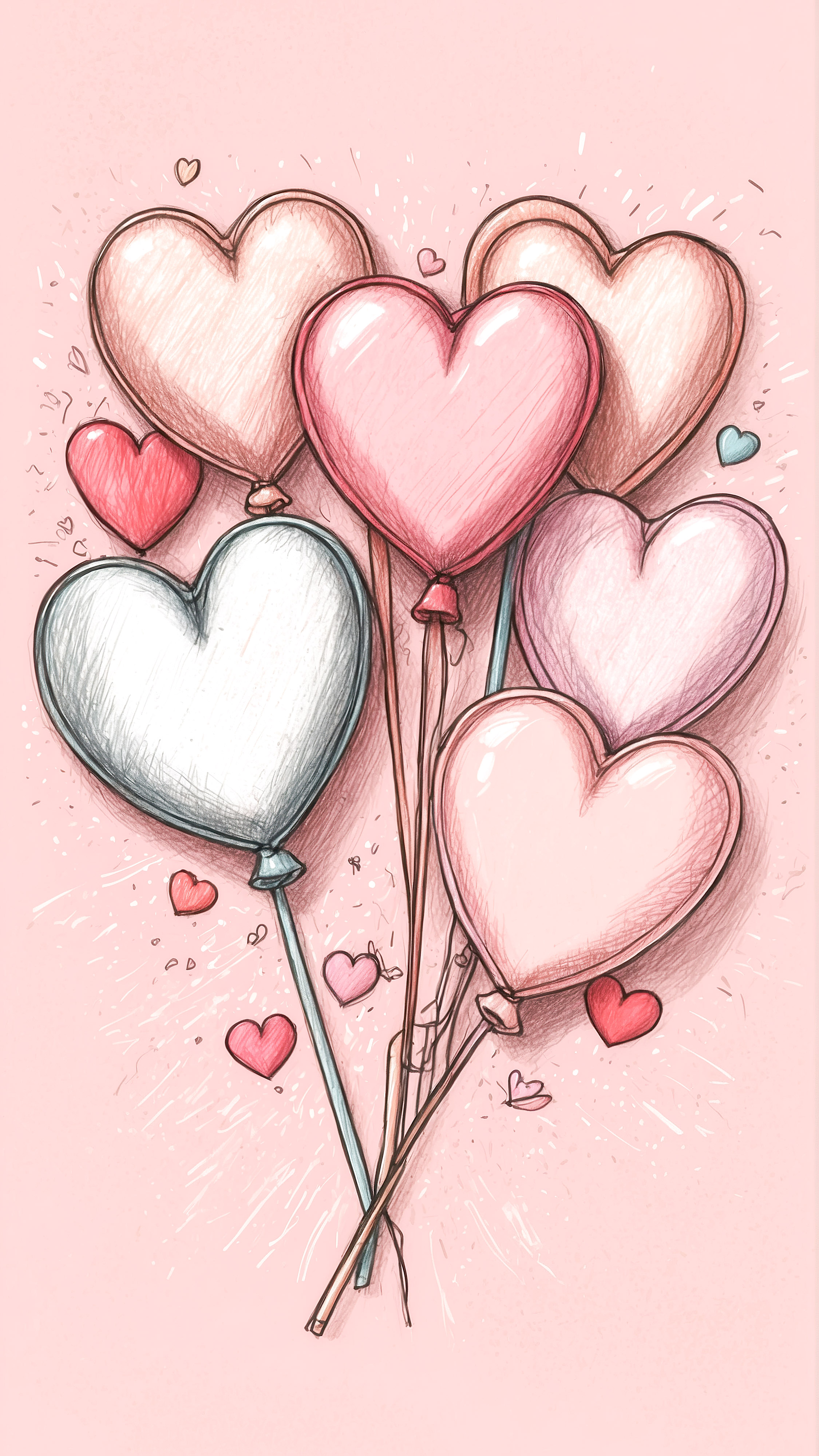 Get lost in the charm of heart-themed elements such as a heart-shaped lollipop, balloon, and love letter, scattered against a light pink background, with a specially designed cute background for your iPhone.